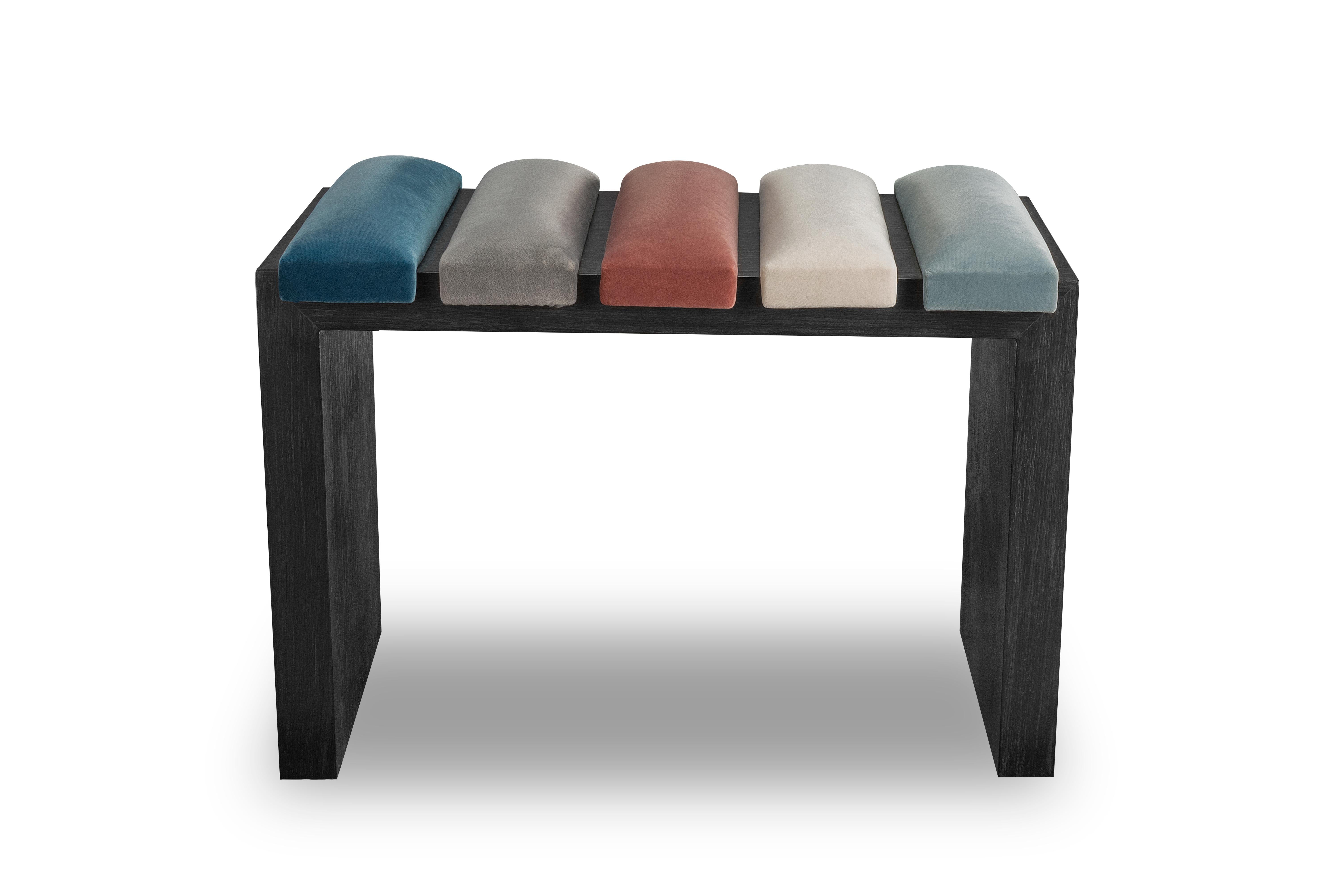 price listed per piece 
Materials: Black wenge veneer and velvet fabric
Dimensions: 61Wx40Dx45H cm

“The Piano” stool is a tribute to the sound of life. Each key , played
with a resonance of color, it reminisces the moment in which taken
by music we