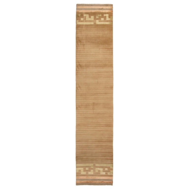 Rug and Kilim's Piano Design Geometric Green and Brown WoolSilk Runner