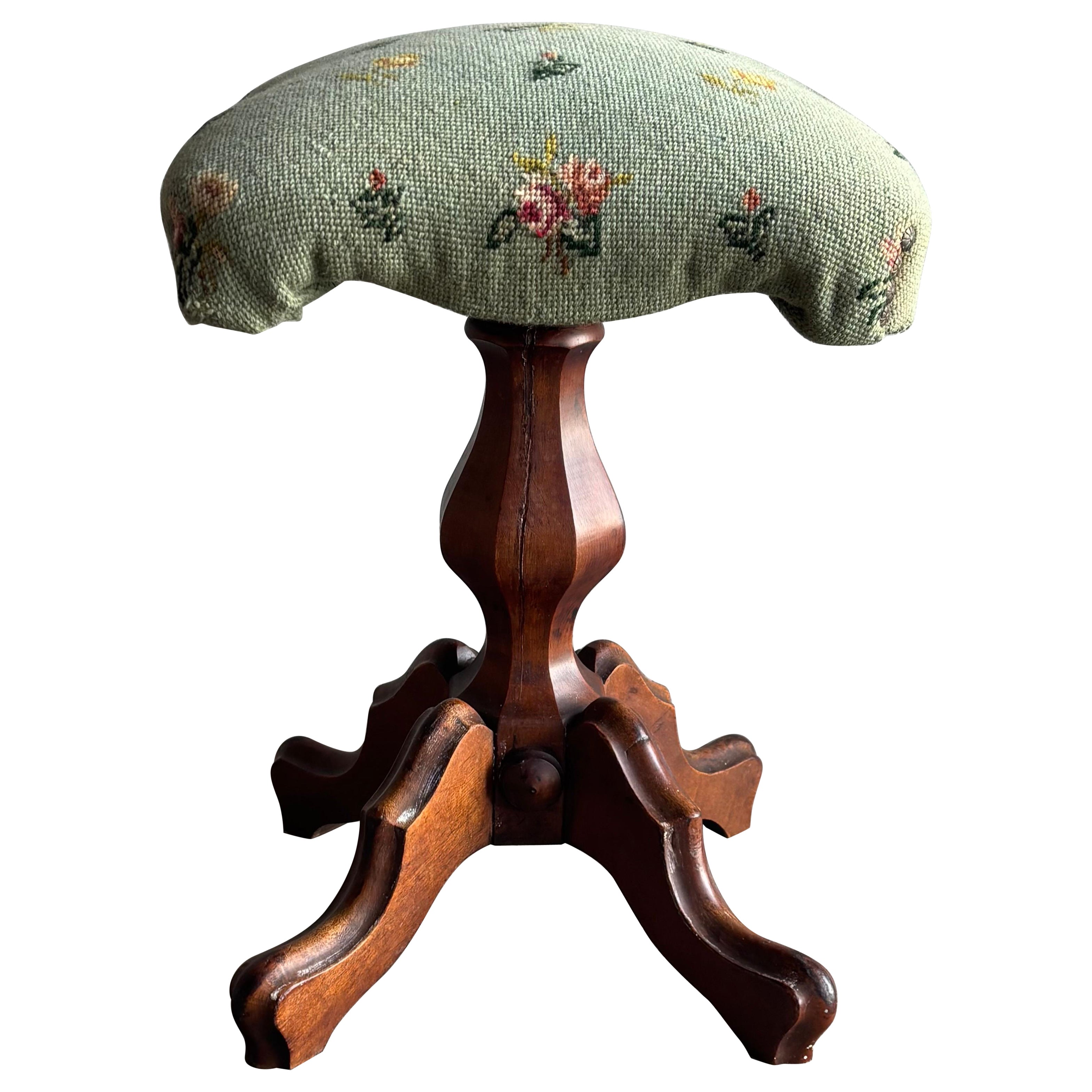 Antique Victorian Carved Wood Piano Stool With Needlepoint Seat, 19c