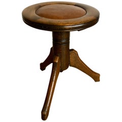 Piano French Chair or Stool Wood Oak Round Leather, Midcentury SALE