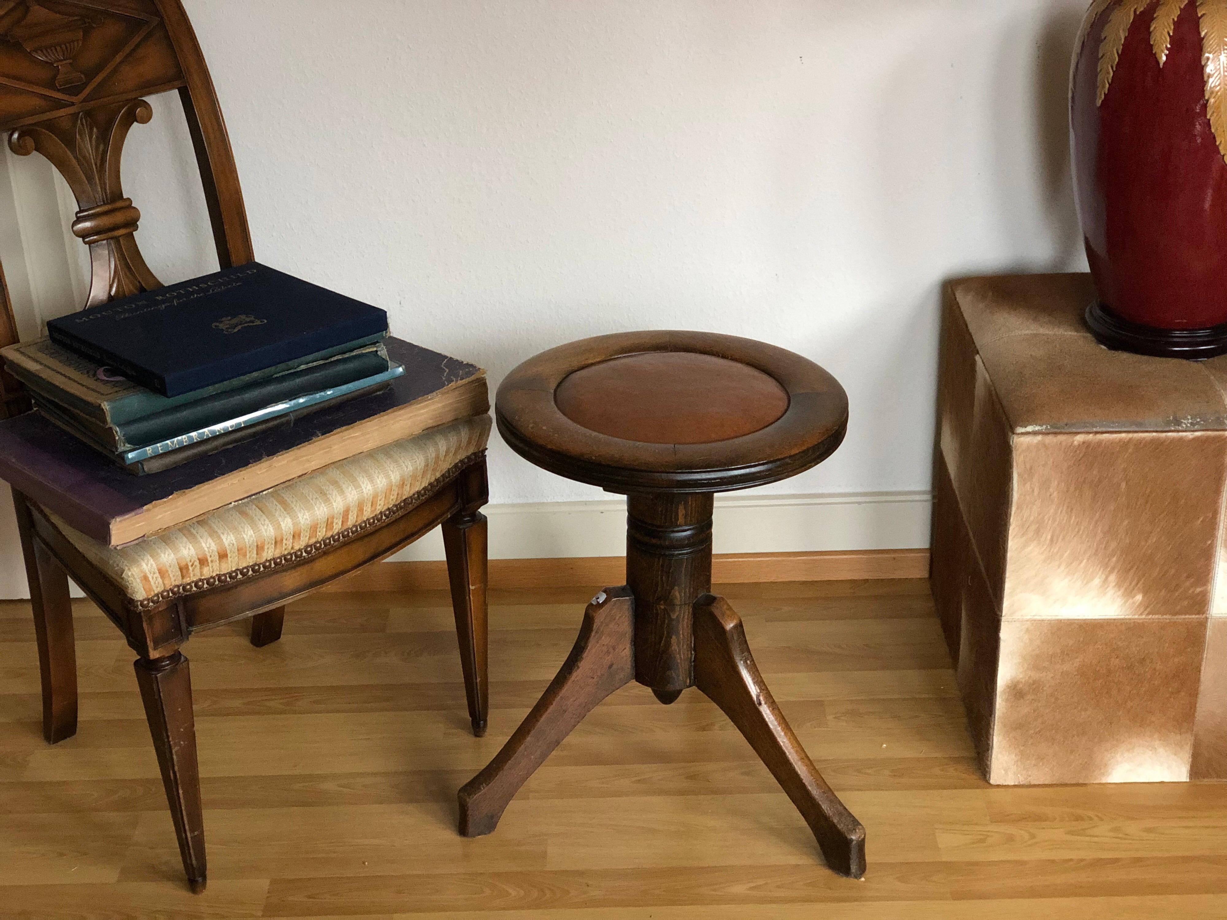 Piano French Chair or Stool Wood Oak Round Leather, Midcentury SALE 1