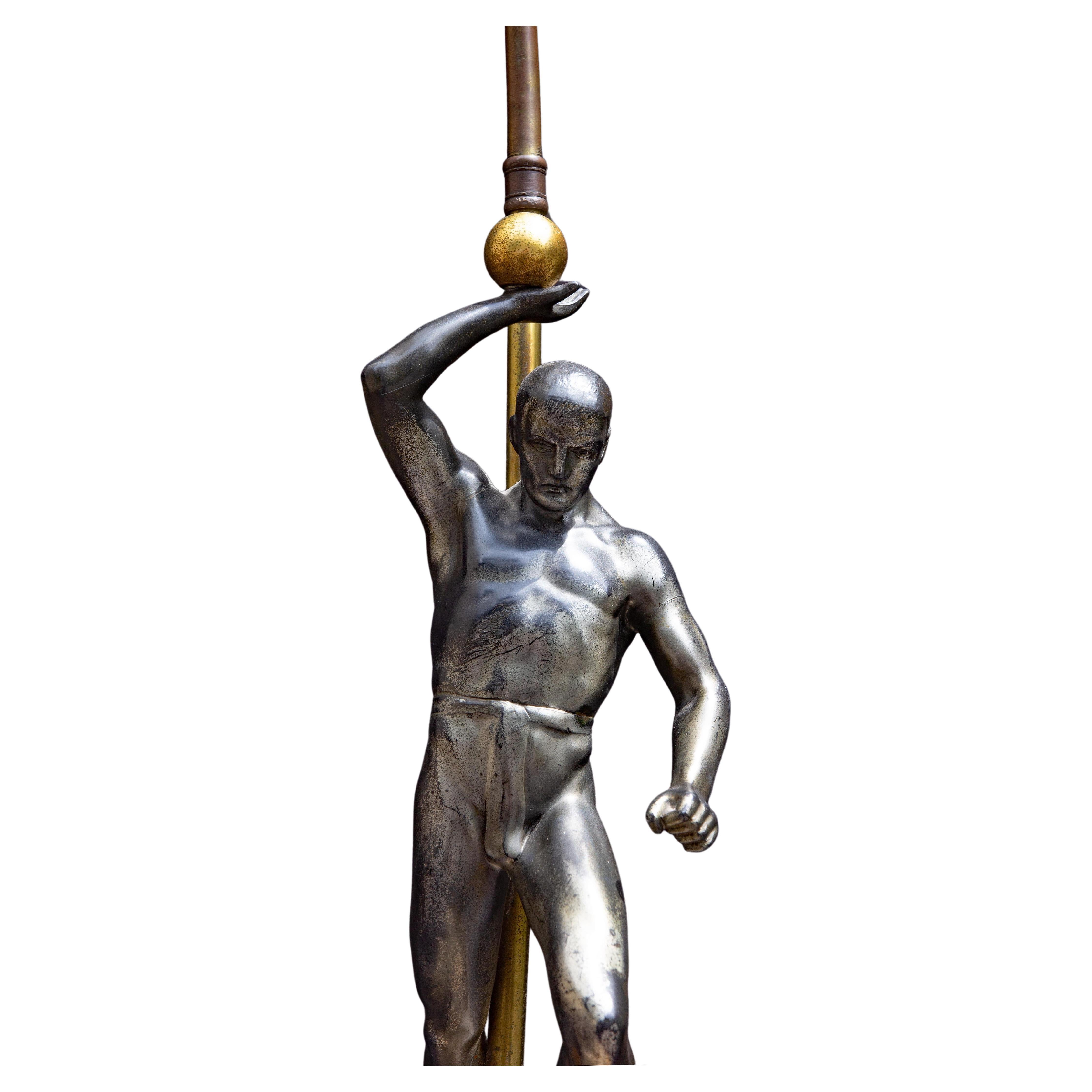 European Piano Lamp with Figure of Atlas Circa 1920's For Sale