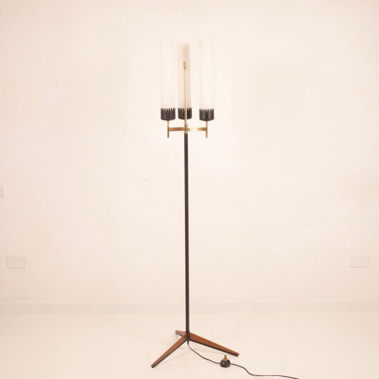 tunning dreiarmige Stehleuchte, die Mitte der 1950er Jahre von der renommierten italienischen Firma Stilnovo entworfen und hergestellt wurde.
Die Lampe ist in ausgezeichnetem Zustand und steht auf drei Eisenbeinen, die mit hölzernen Details verziert