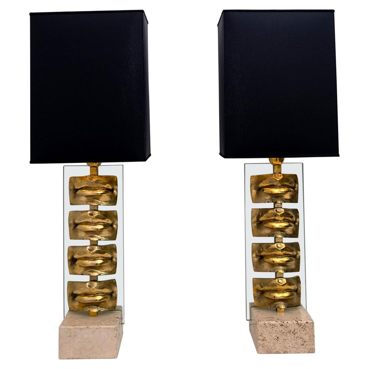 Pair of Modernist Italian Casting Brass Lips Table Lamps