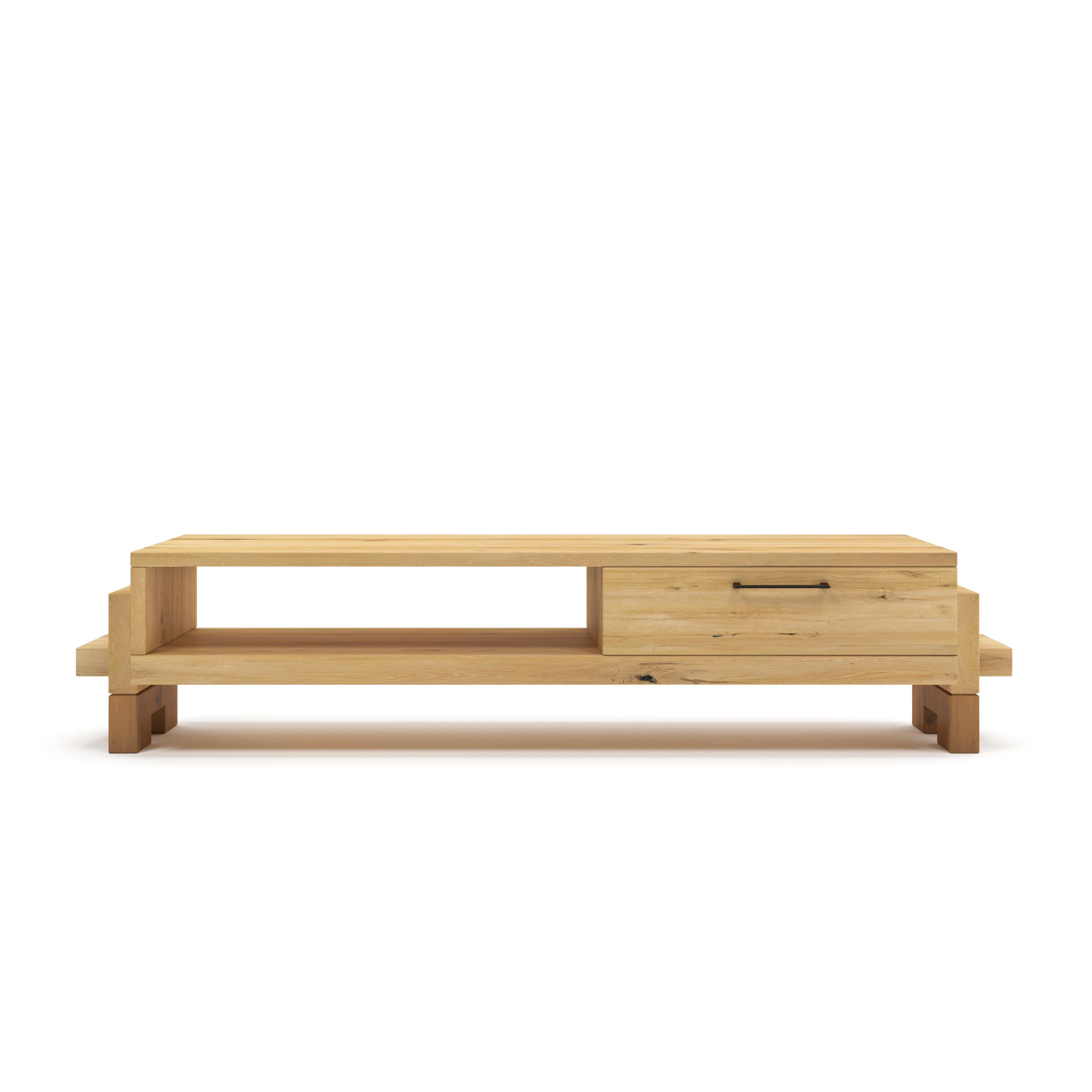 Introducing the Piatra-TV Unit: the perfect addition to any living room. This beautiful piece boasts a drawer for storage, crafted from durable massive wood for a timeless look. Add beauty  and functionality to your home - get the Piatra-TV Unit
