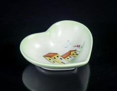 Heart-shaped LENCI ceramic saucer with farmhouse painting. 1930s