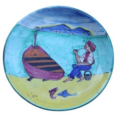 Piatto decorativo C.A.S. Vietri 1950 con decori di barca e pescatori Ischia
