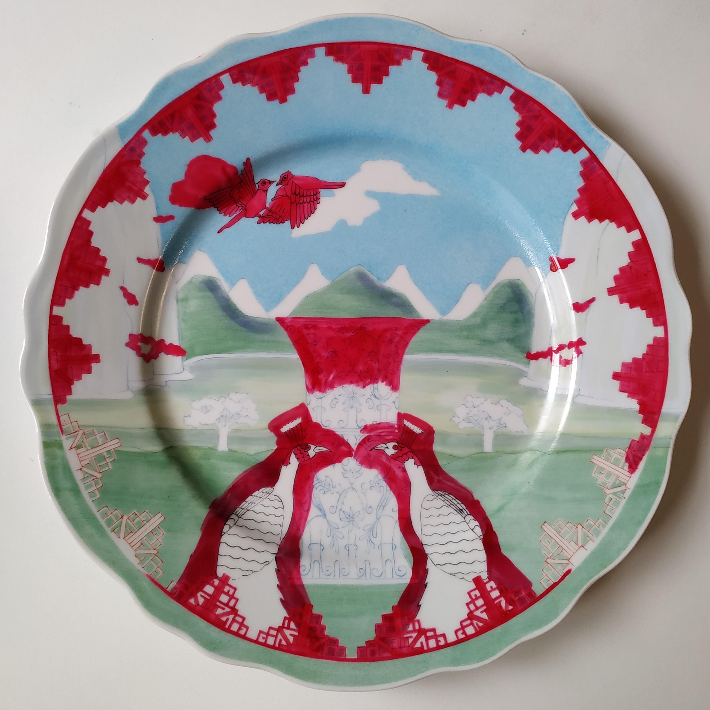 Contemporary Hand-painted French porcelain plate  For Sale