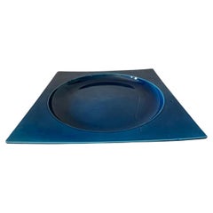 Piatto quadrato in ceramica smaltata blu, Italia, 1970s