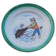 Assiette ronde Vietri C.A.S.  1950 avec figures de pêcheurs Fabriqué en Italie