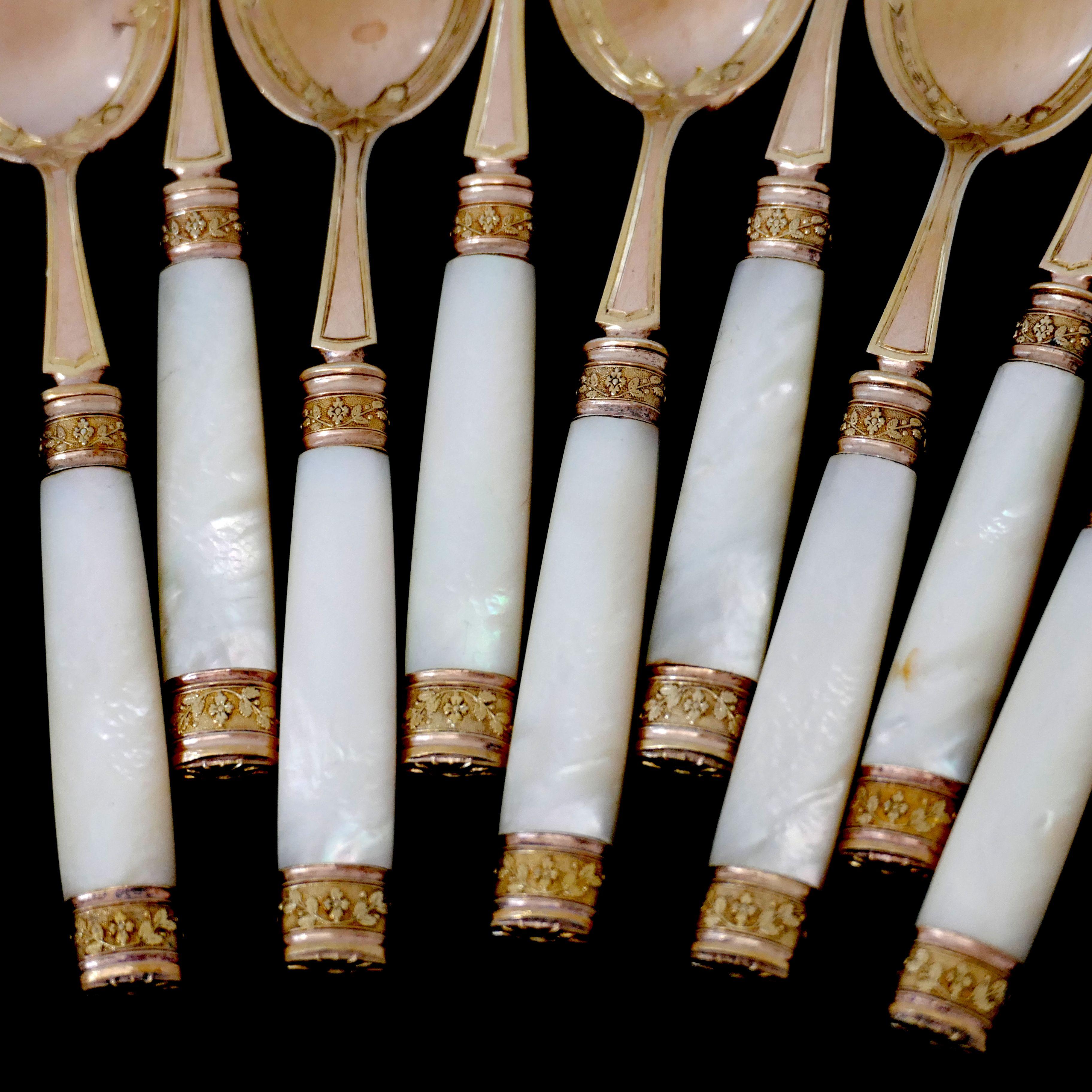 Piault French Sterling Silver, 18k Gold, Mother-of-Pearl Ice Cream Spoons Set For Sale 5
