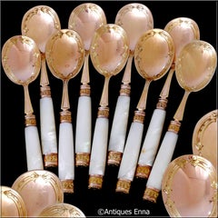 Piault French Sterling Silver, 18k Gold, Mother-of-Pearl Ice Cream Spoons Set