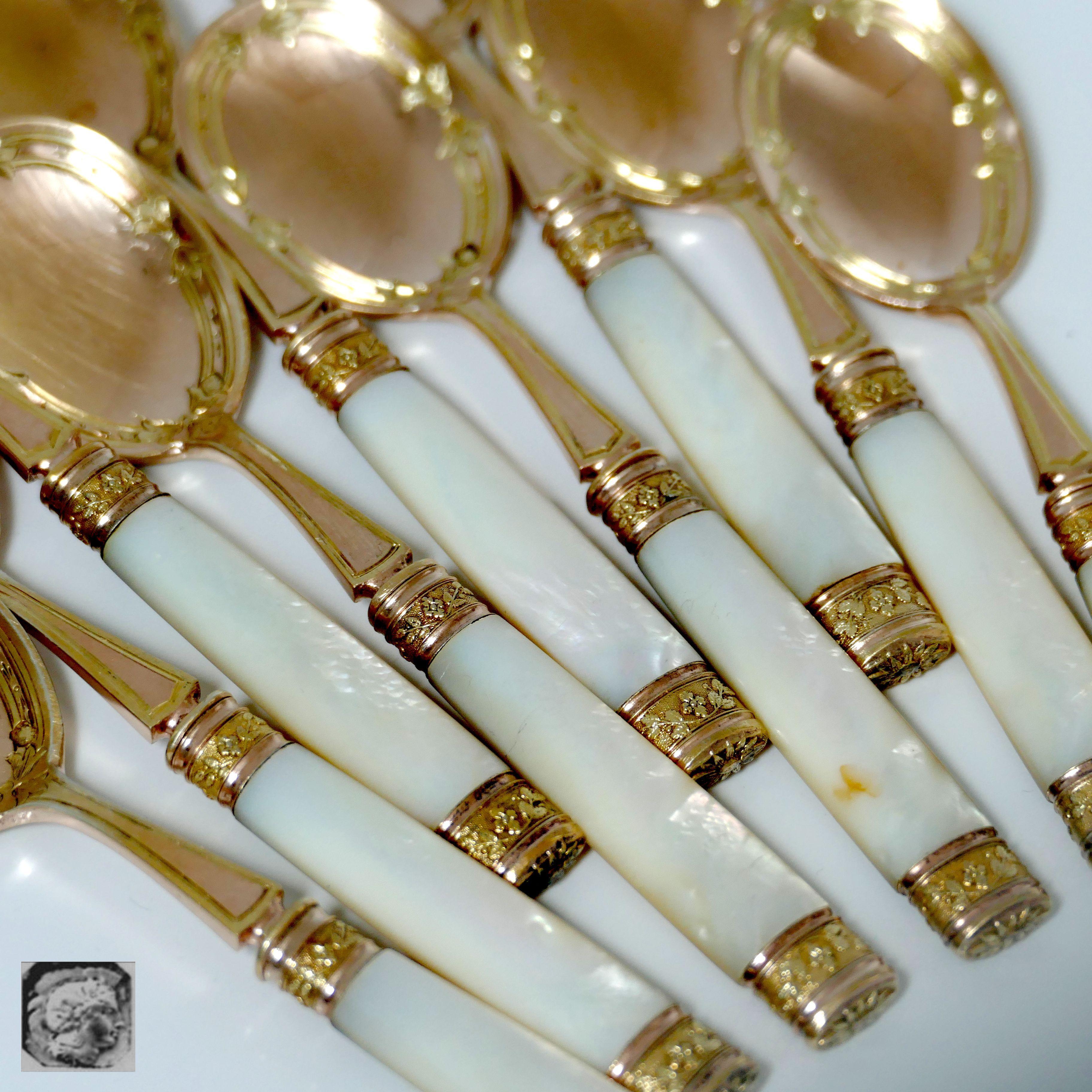 Neoclassical Piault French Sterling Silver, 18k Gold, Mother-of-Pearl Ice Cream Spoons Set For Sale
