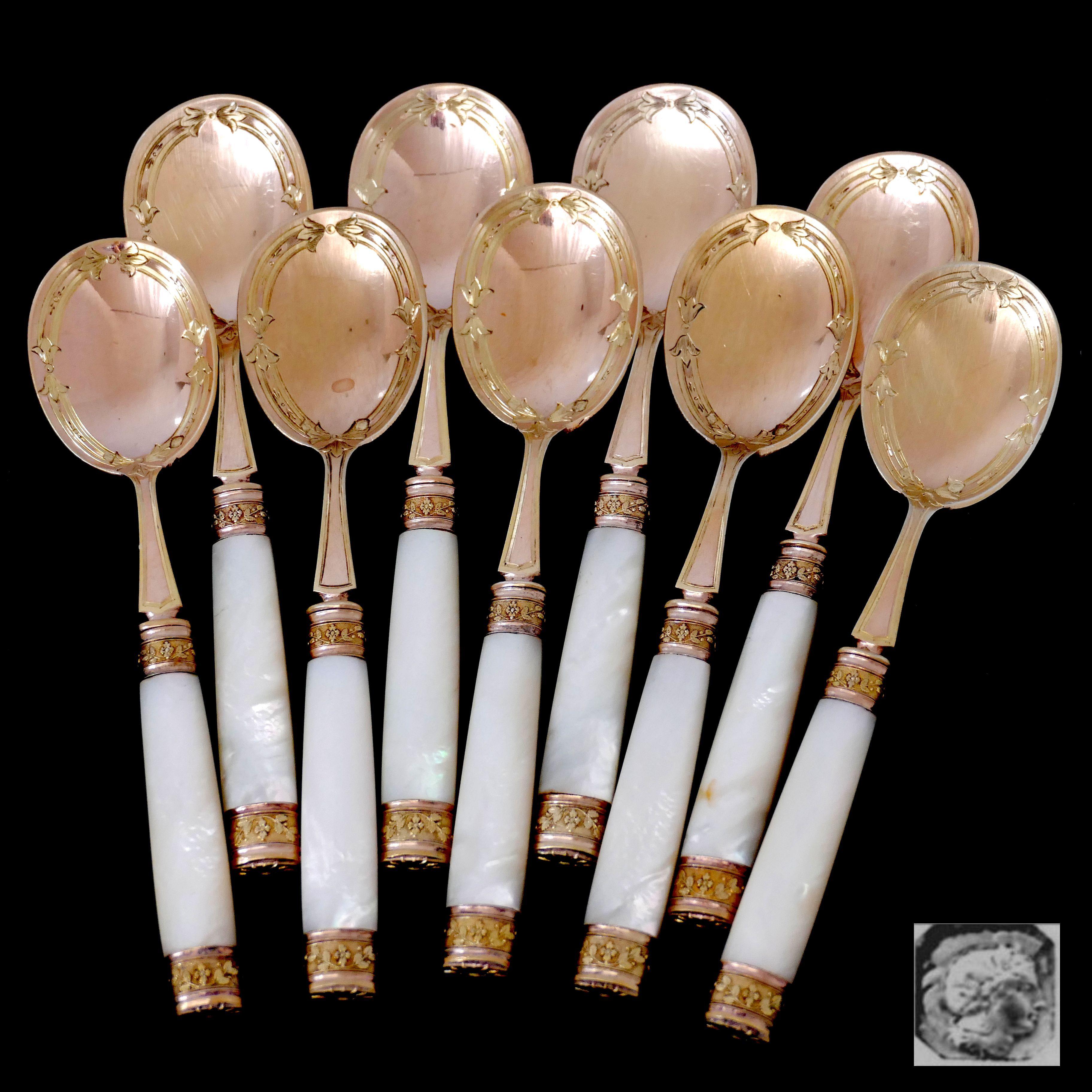 Piault French Sterling Silver, 18k Gold, Mother-of-Pearl Ice Cream Spoons Set In Good Condition For Sale In TRIAIZE, PAYS DE LOIRE