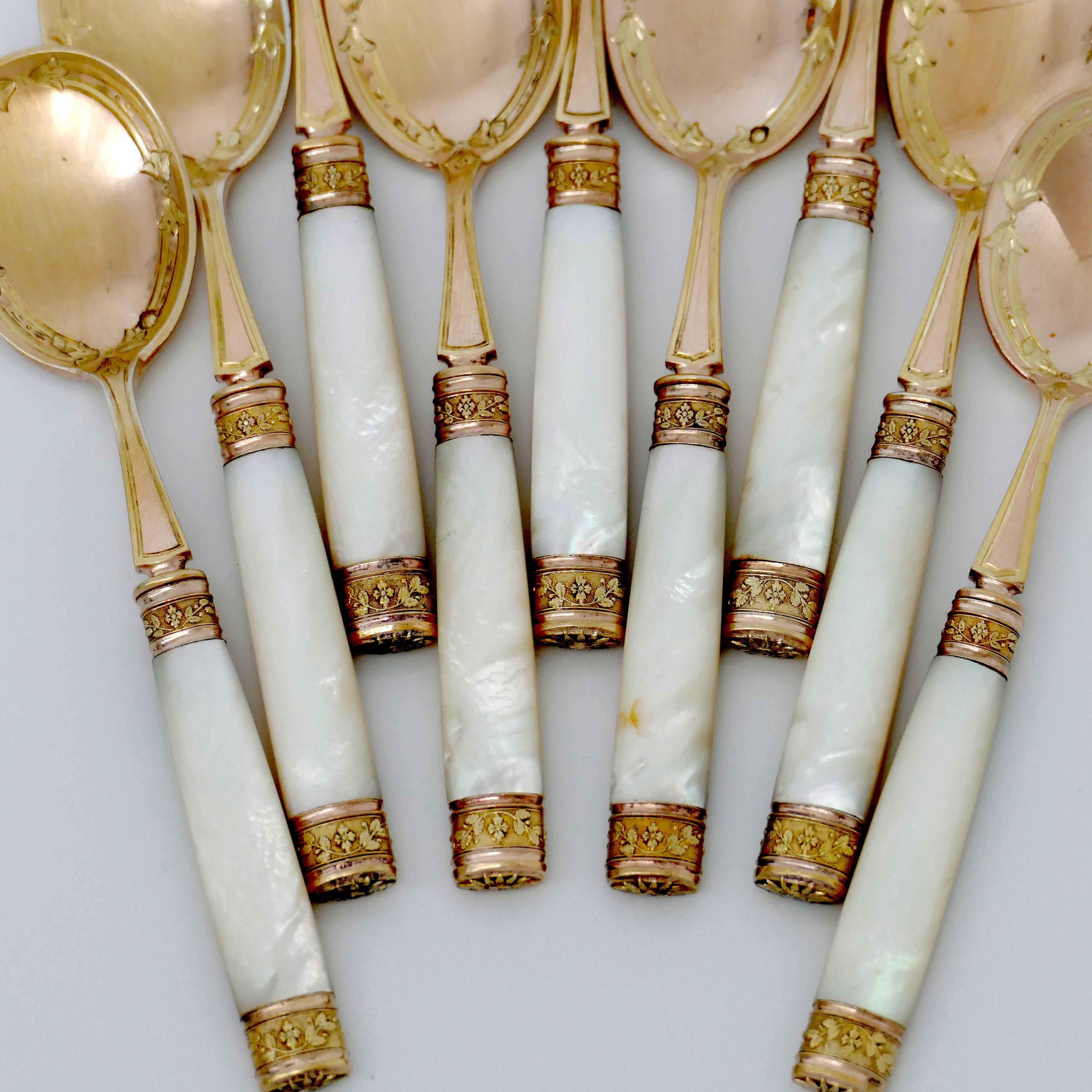 Late 19th Century Piault French Sterling Silver, 18k Gold, Mother-of-Pearl Ice Cream Spoons Set For Sale