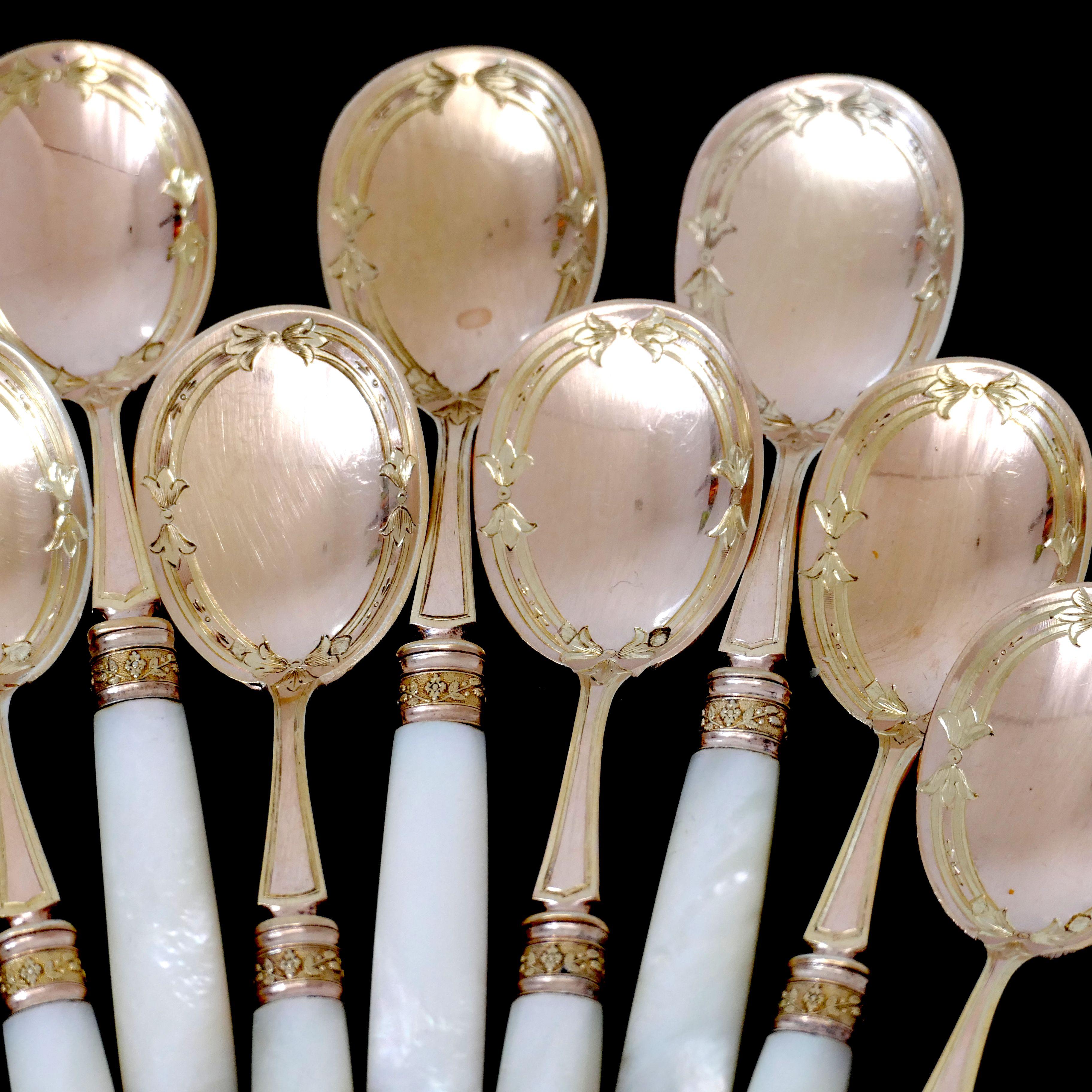 Piault French Sterling Silver, 18k Gold, Mother-of-Pearl Ice Cream Spoons Set For Sale 1
