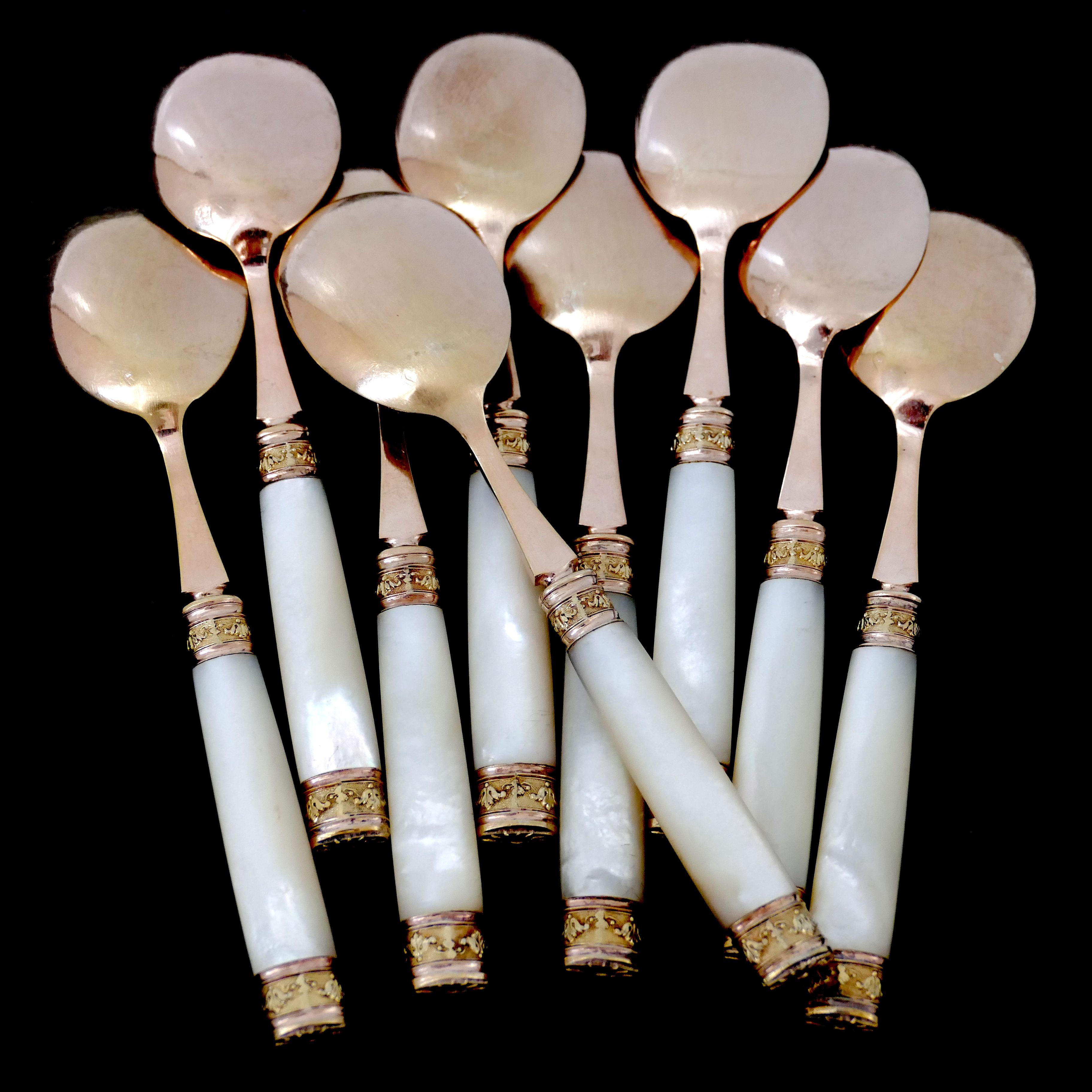Piault French Sterling Silver, 18k Gold, Mother-of-Pearl Ice Cream Spoons Set For Sale 2