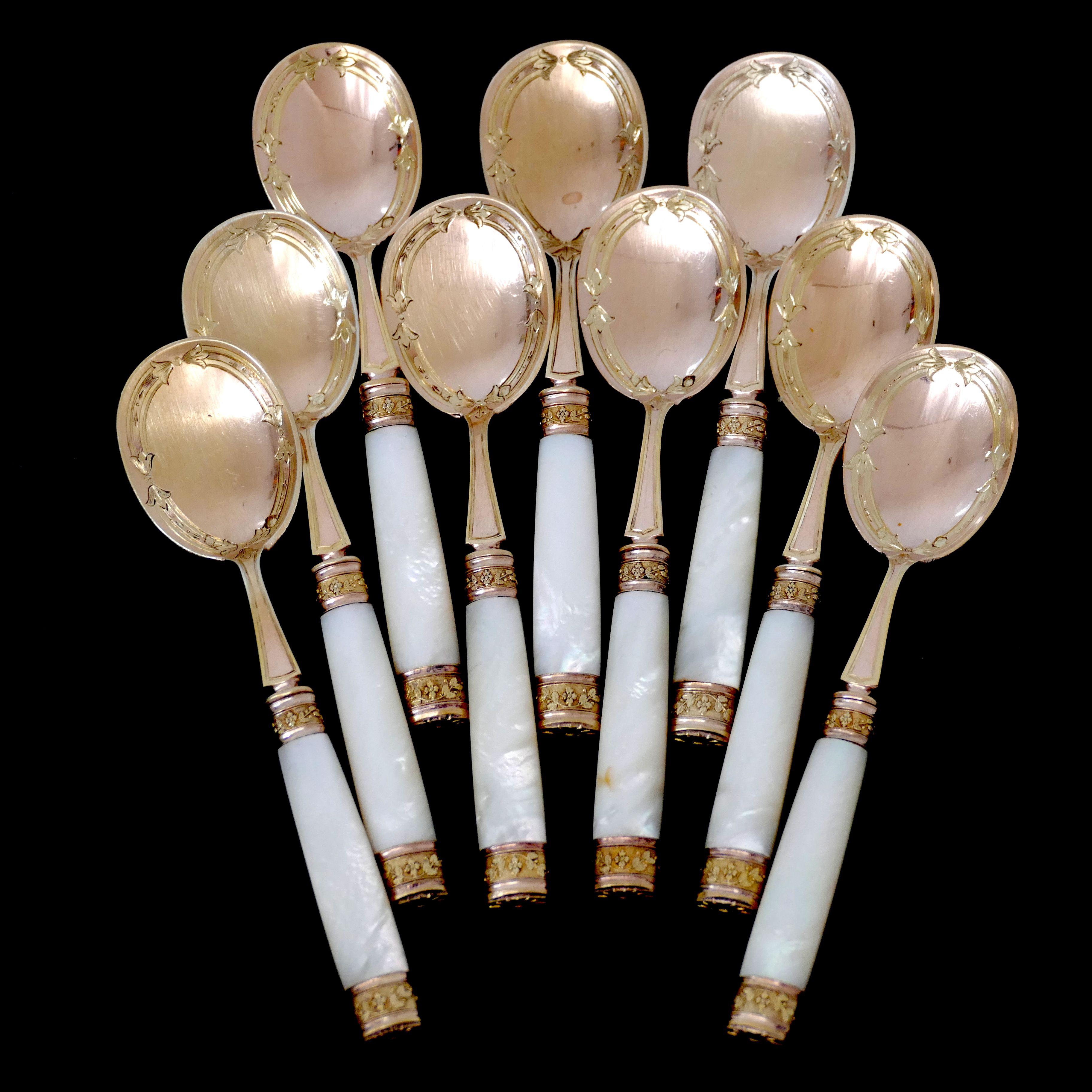 Piault French Sterling Silver, 18k Gold, Mother-of-Pearl Ice Cream Spoons Set For Sale 4