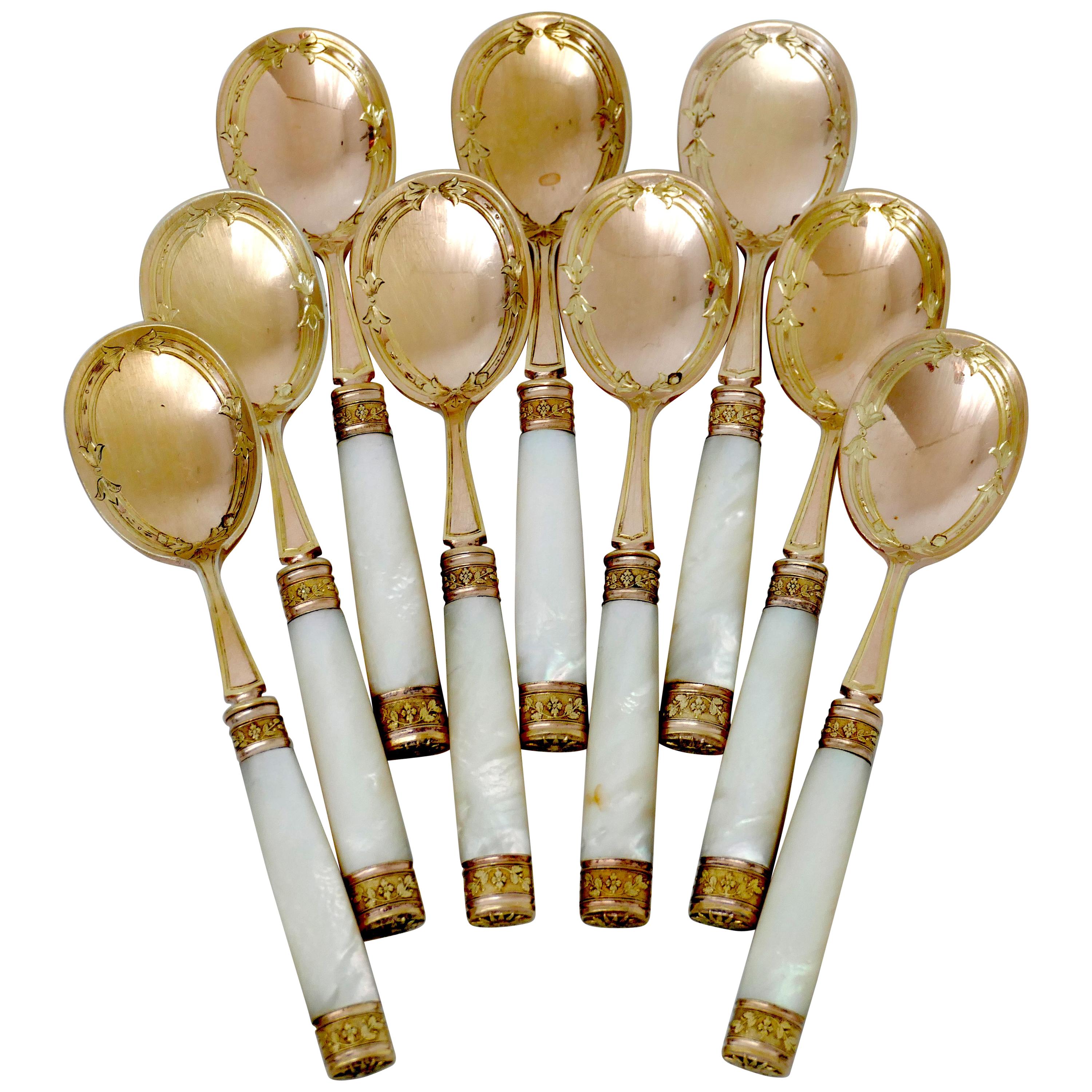 Piault French Sterling Silver, 18k Gold, Mother-of-Pearl Ice Cream Spoons Set For Sale