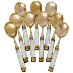 Piault French Sterling Silver, 18k Gold, Mother-of-Pearl Ice Cream Spoons Set