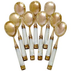 Antique Piault French Sterling Silver, 18k Gold, Mother-of-Pearl Ice Cream Spoons Set