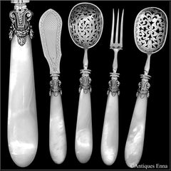 Piault French Sterling Silver Mother of Pearl Dessert Hors D'Oeuvre Set, Empire