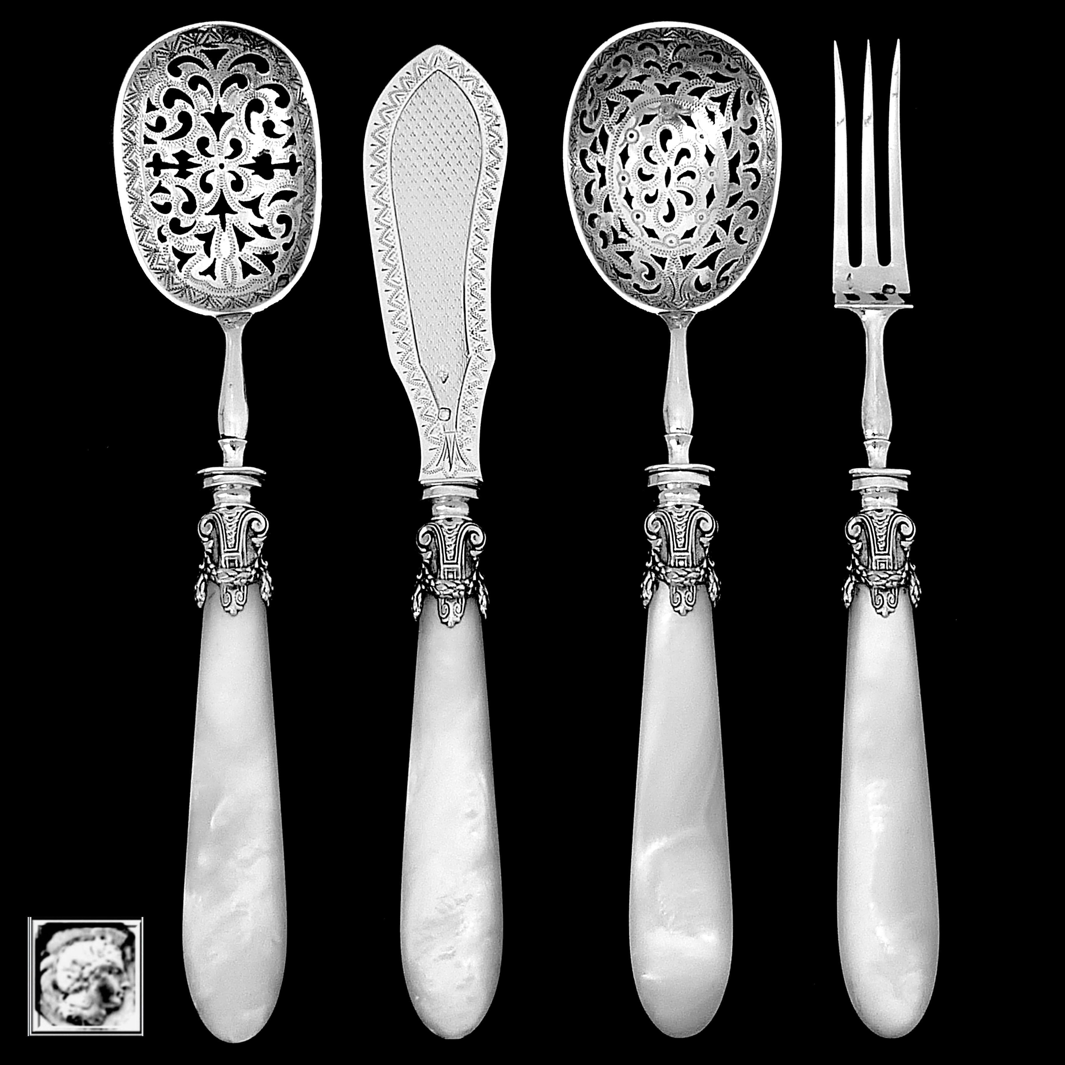 Mid-19th Century Piault French Sterling Silver Mother of Pearl Dessert Hors D'Oeuvre Set, Empire For Sale