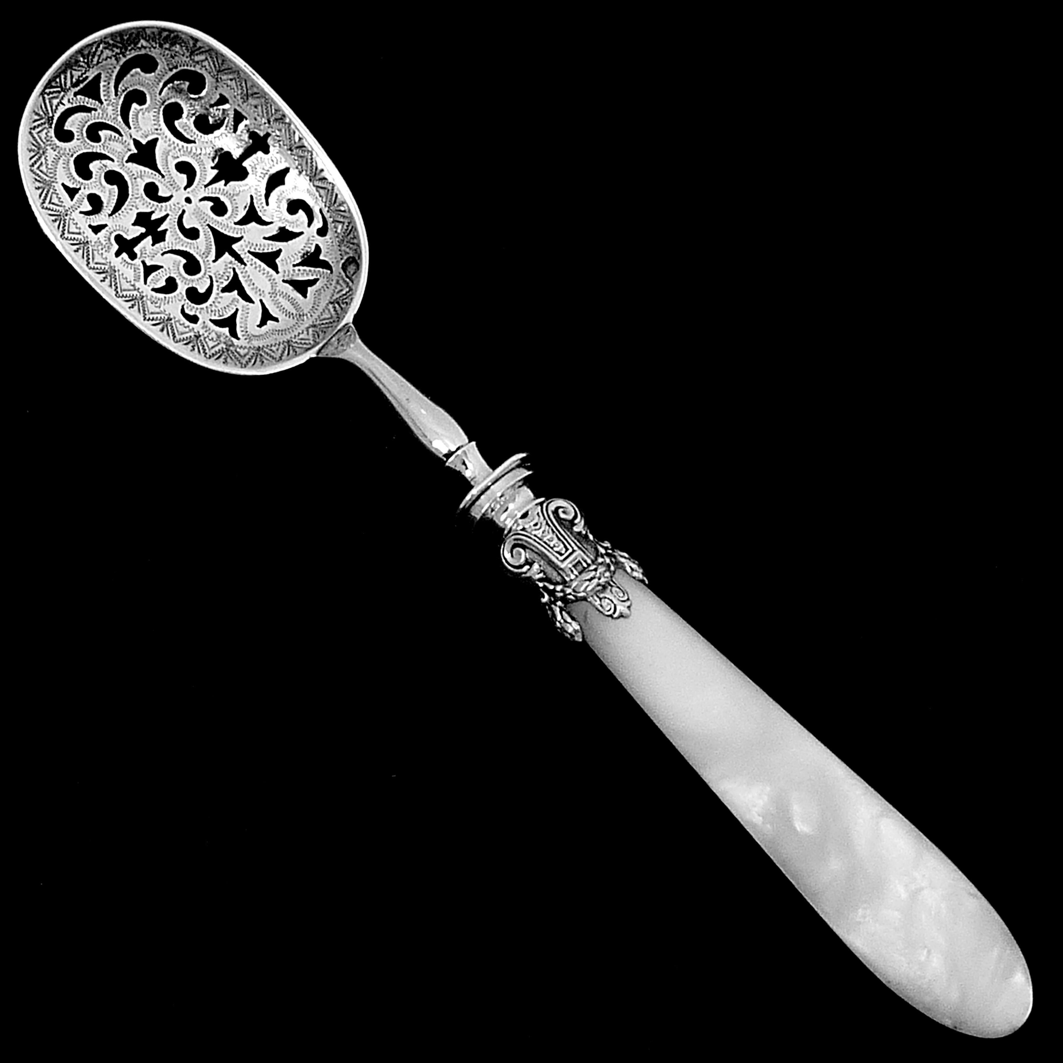 Piault French Sterling Silver Mother of Pearl Dessert Hors D'Oeuvre Set, Empire For Sale 2