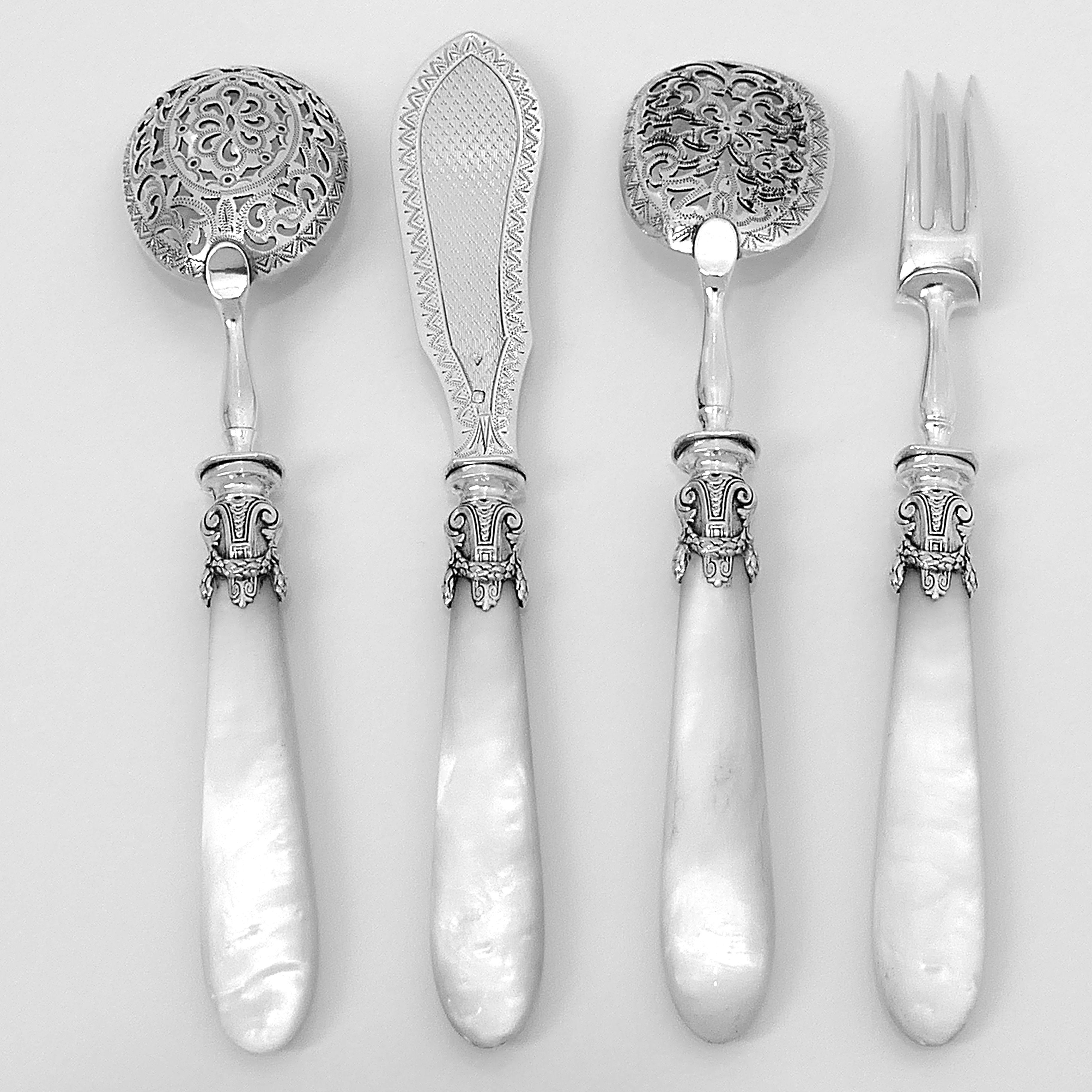 Piault French Sterling Silver Mother of Pearl Dessert Hors D'Oeuvre Set, Empire For Sale 4