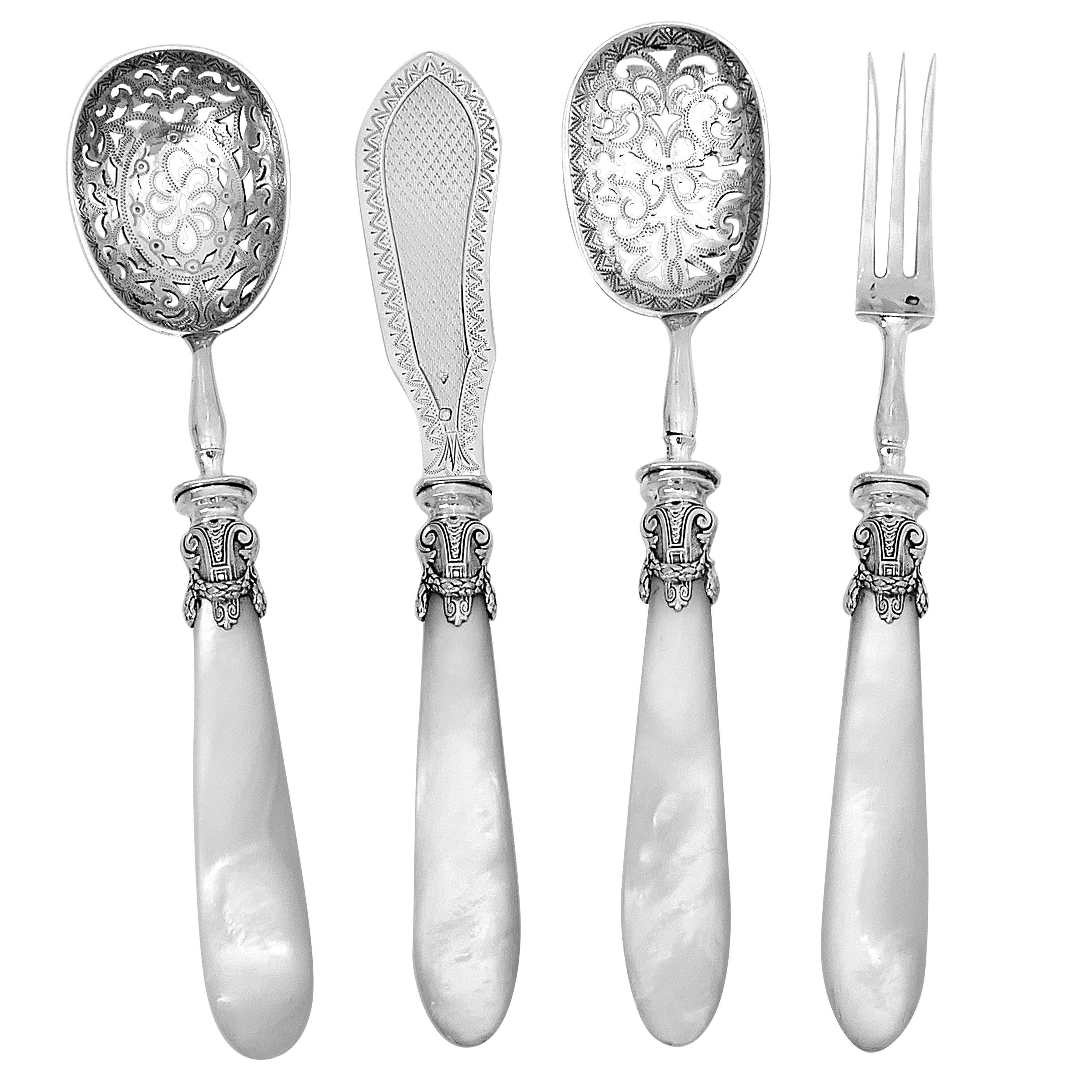 Piault French Sterling Silver Mother of Pearl Dessert Hors D'Oeuvre Set, Empire For Sale