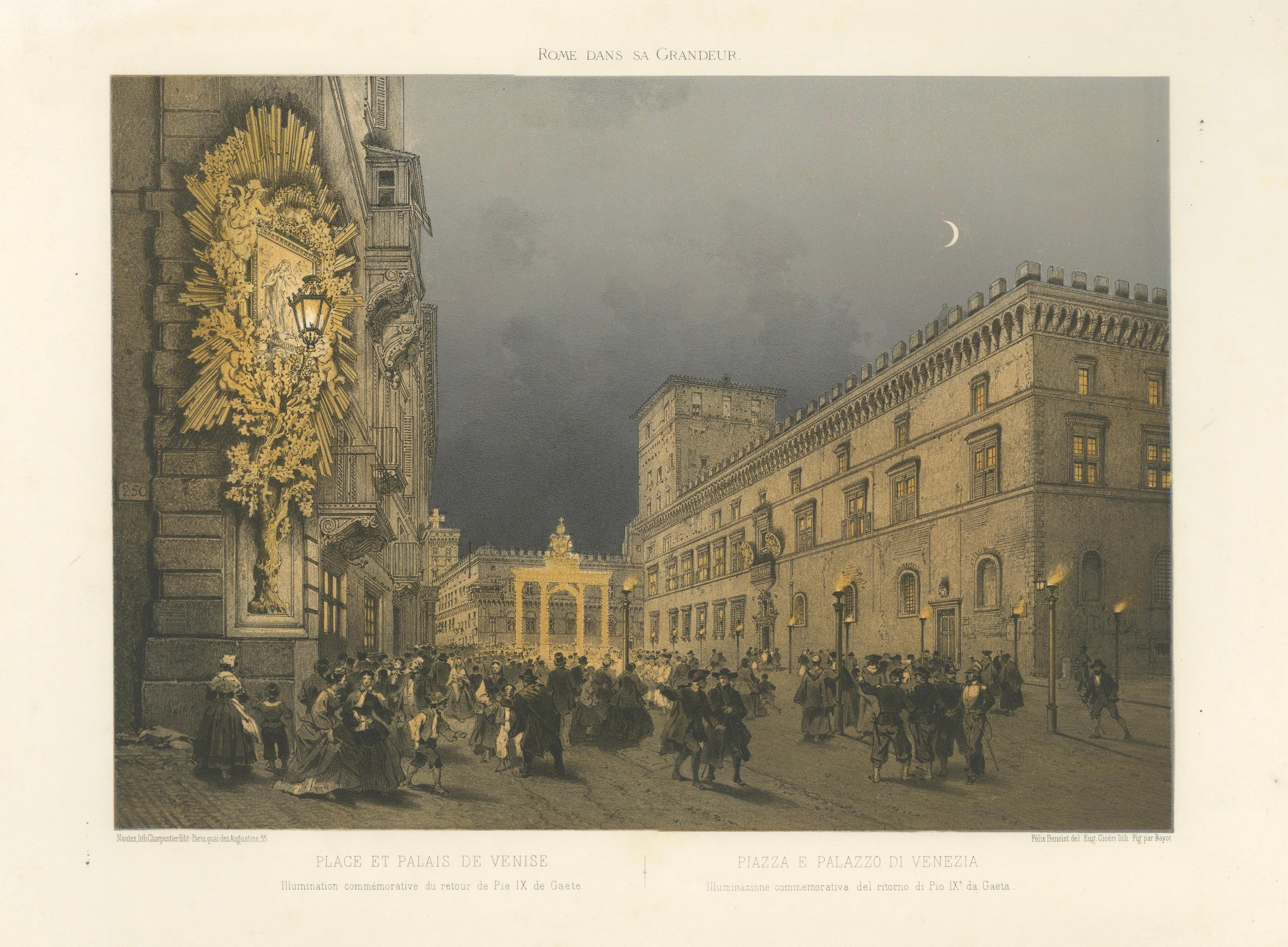 Piazza and Palazzo Venezia Illuminated, Rome – Benoist 1869 Lithograph