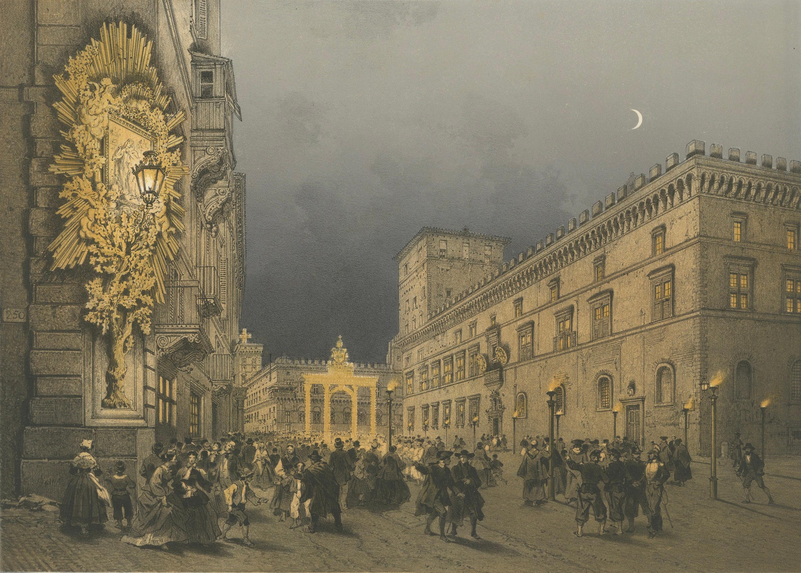 Piazza and Palazzo Venezia Illuminated, Rome – Benoist 1869 Lithograph