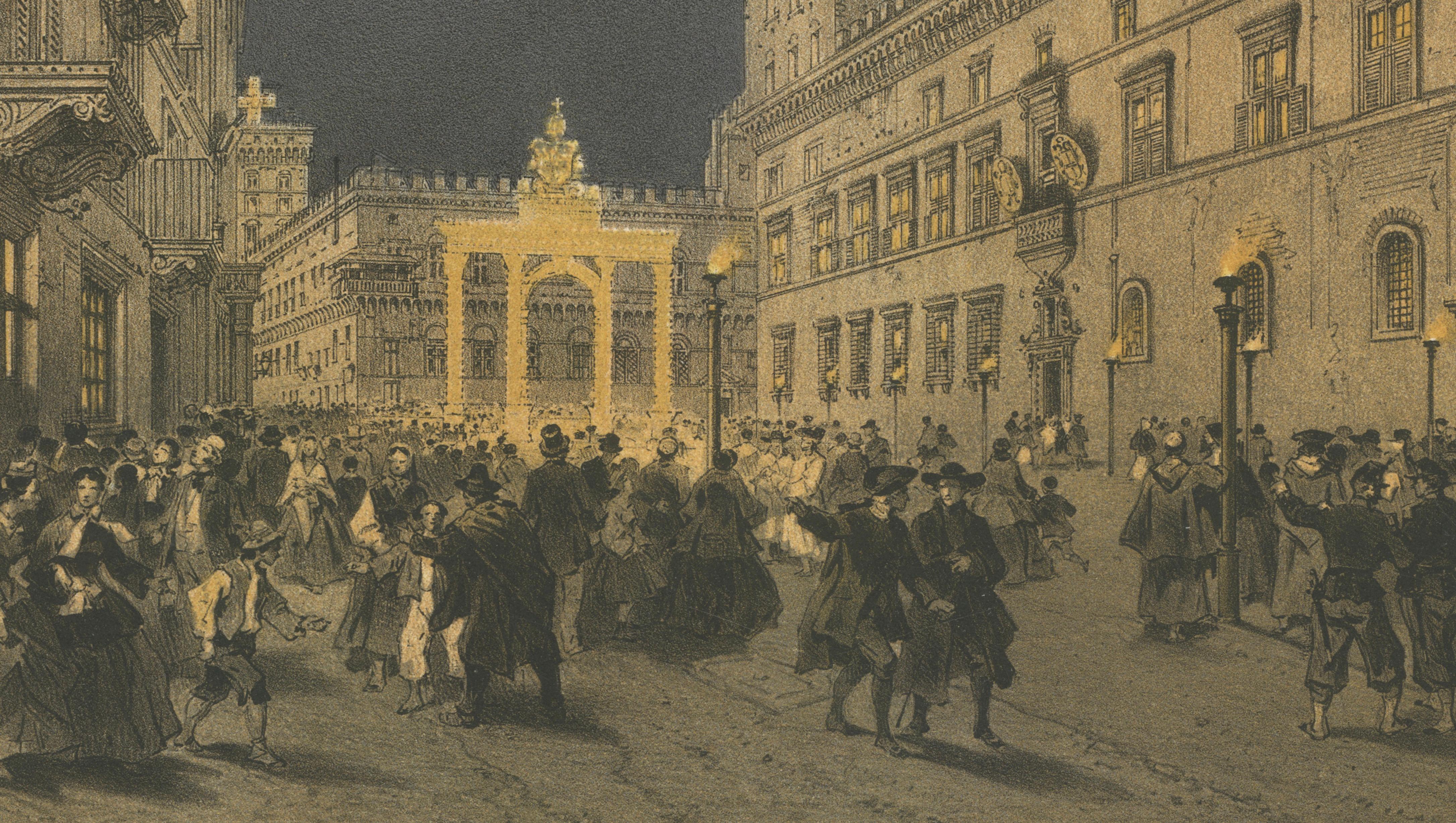 Piazza and Palazzo Venezia Illuminated, Rome – Benoist 1869 Lithograph