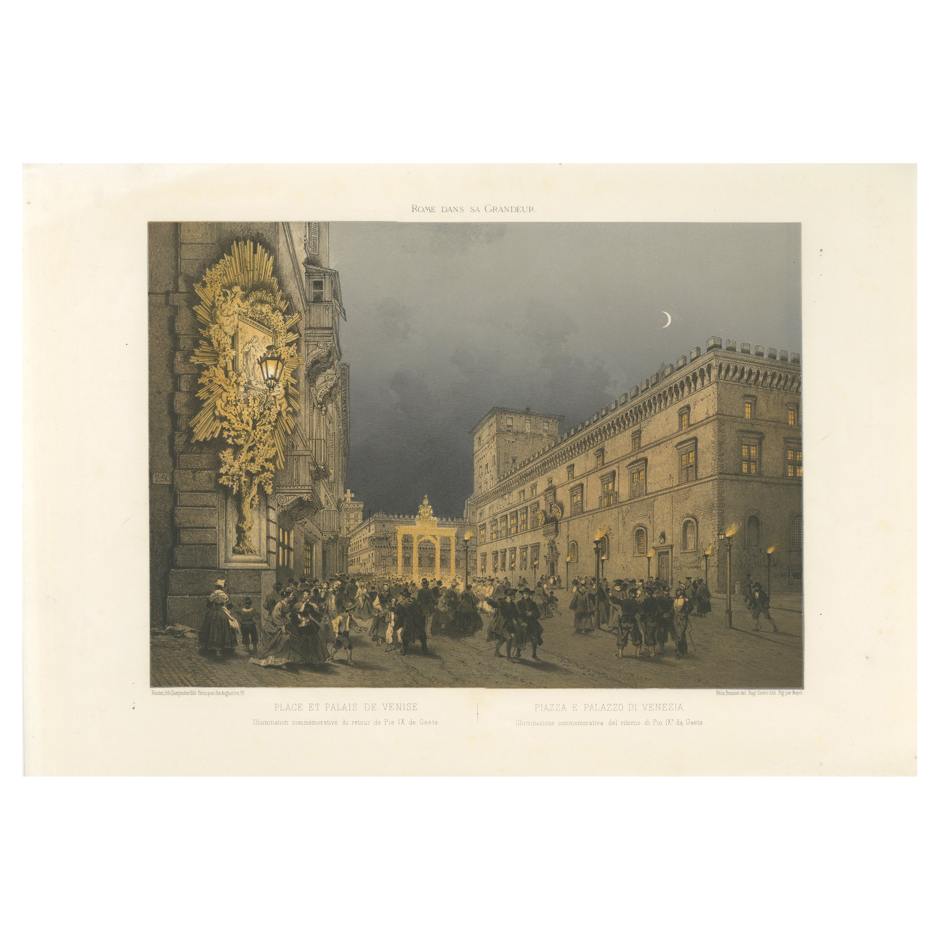 Piazza and Palazzo Venezia Illuminated, Rome – Benoist 1869 Lithograph For Sale