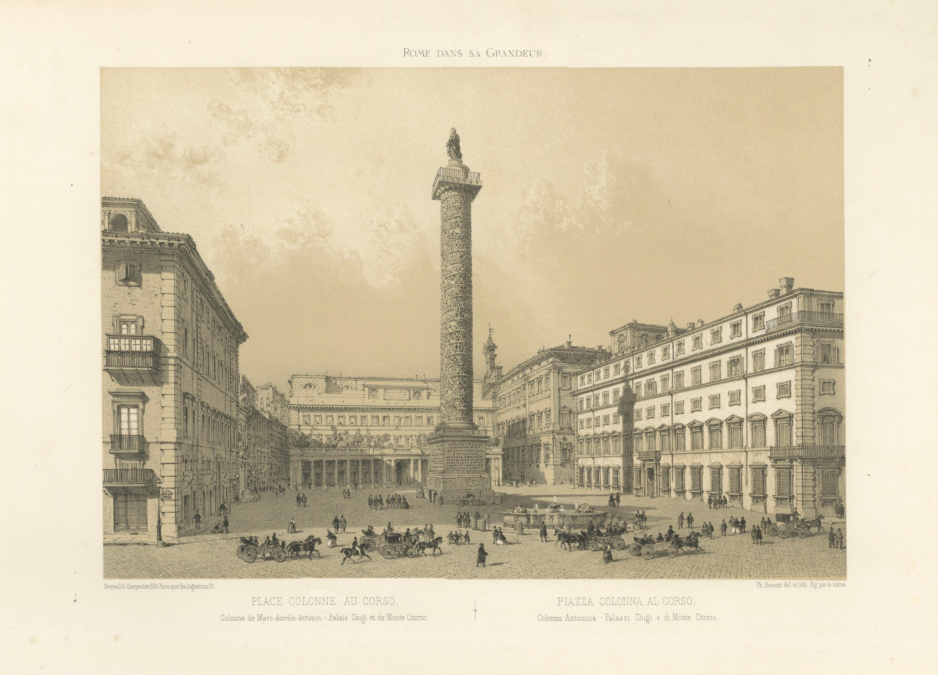 Piazza Colonna and Column of Marcus Aurelius, Rome – Benoist 1869 Lithograph