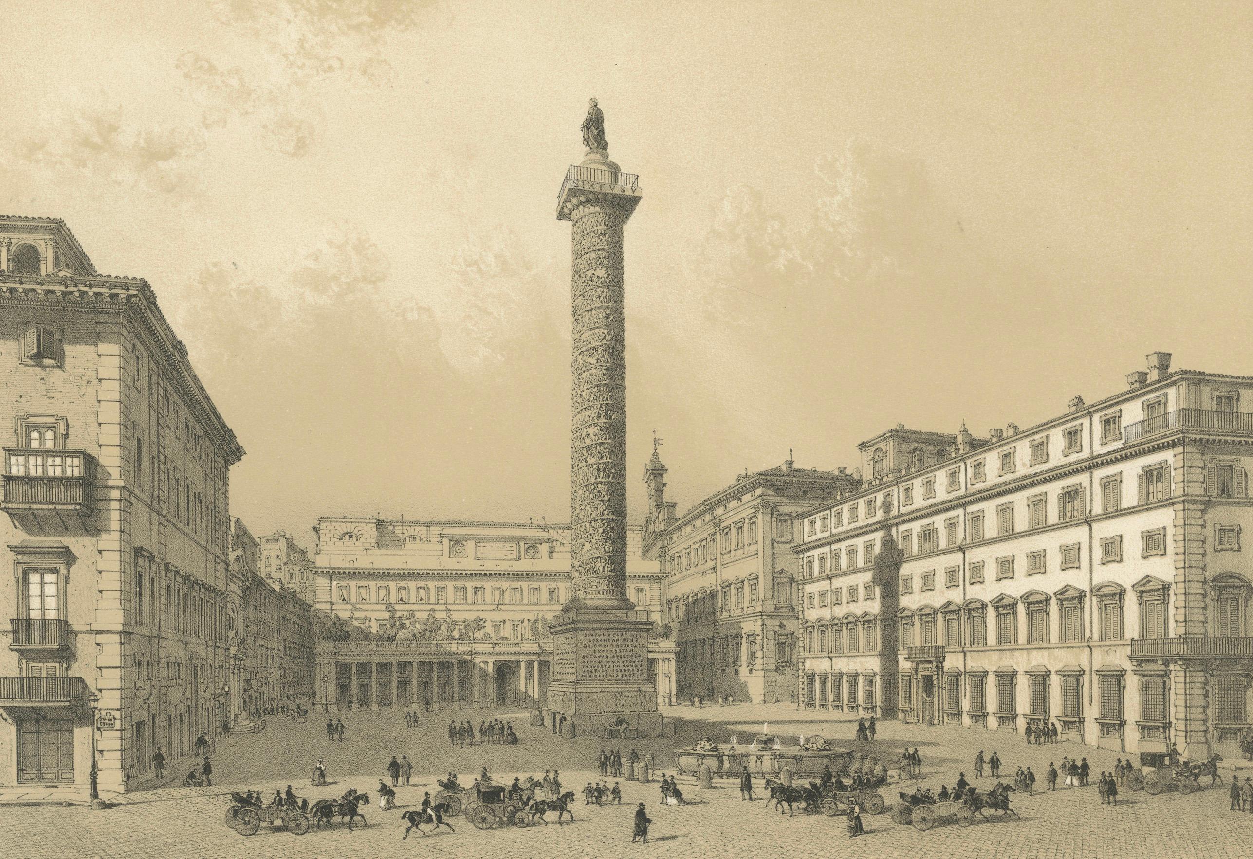 Piazza Colonna and Column of Marcus Aurelius, Rome – Benoist 1869 Lithograph