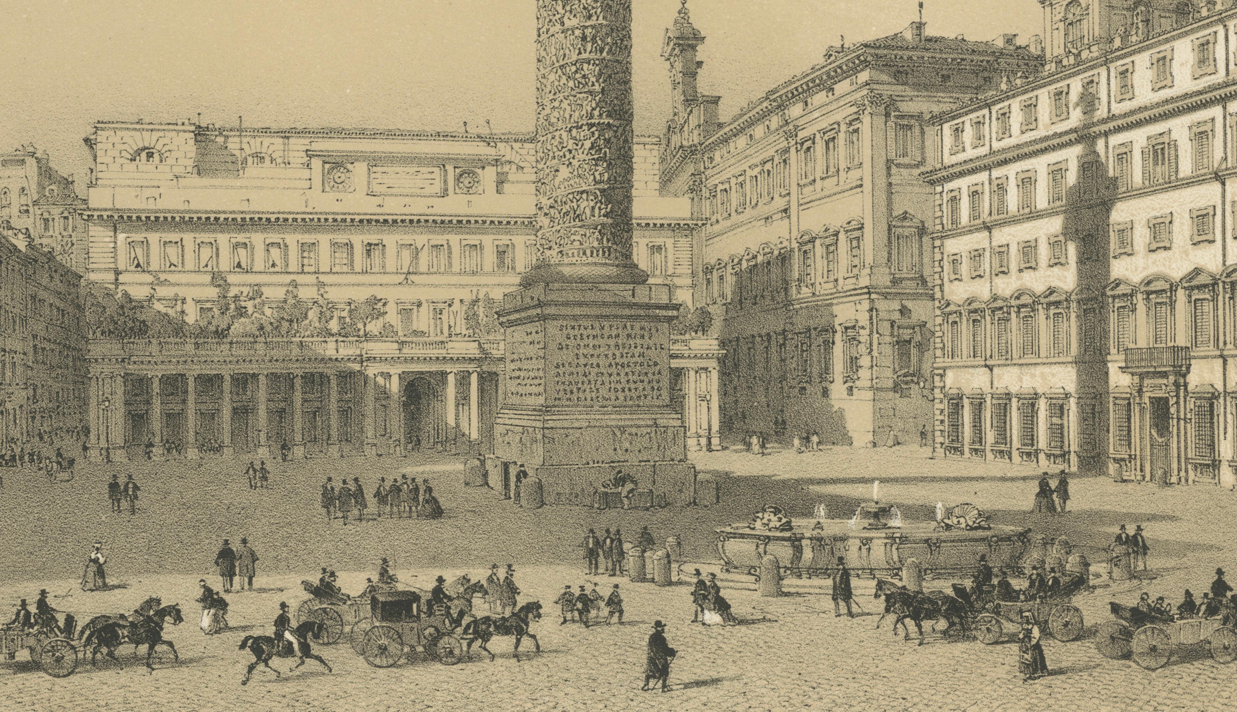 Piazza Colonna and Column of Marcus Aurelius, Rome – Benoist 1869 Lithograph