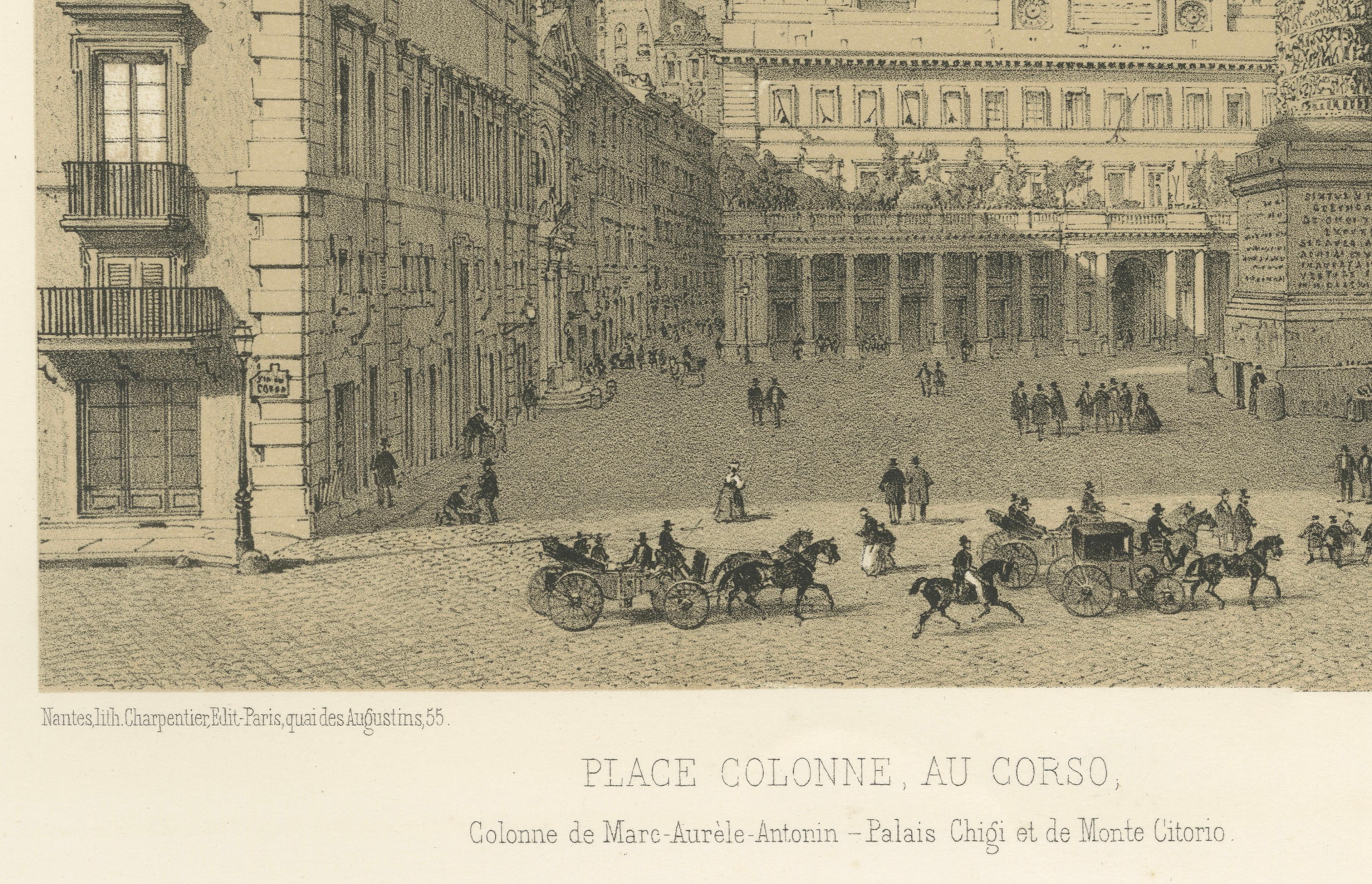 Piazza Colonna and Column of Marcus Aurelius, Rome – Benoist 1869 Lithograph
