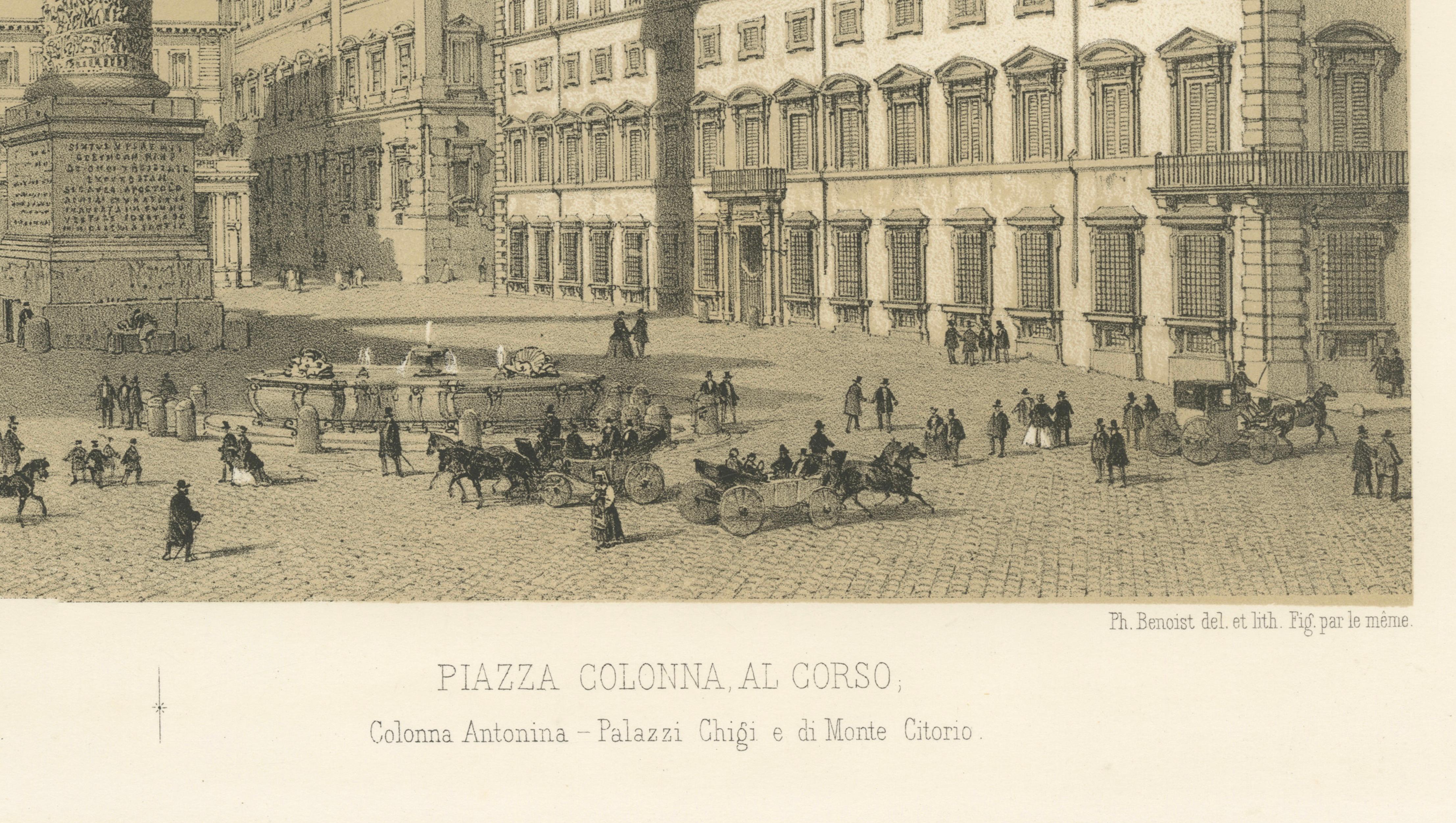 Piazza Colonna and Column of Marcus Aurelius, Rome – Benoist 1869 Lithograph