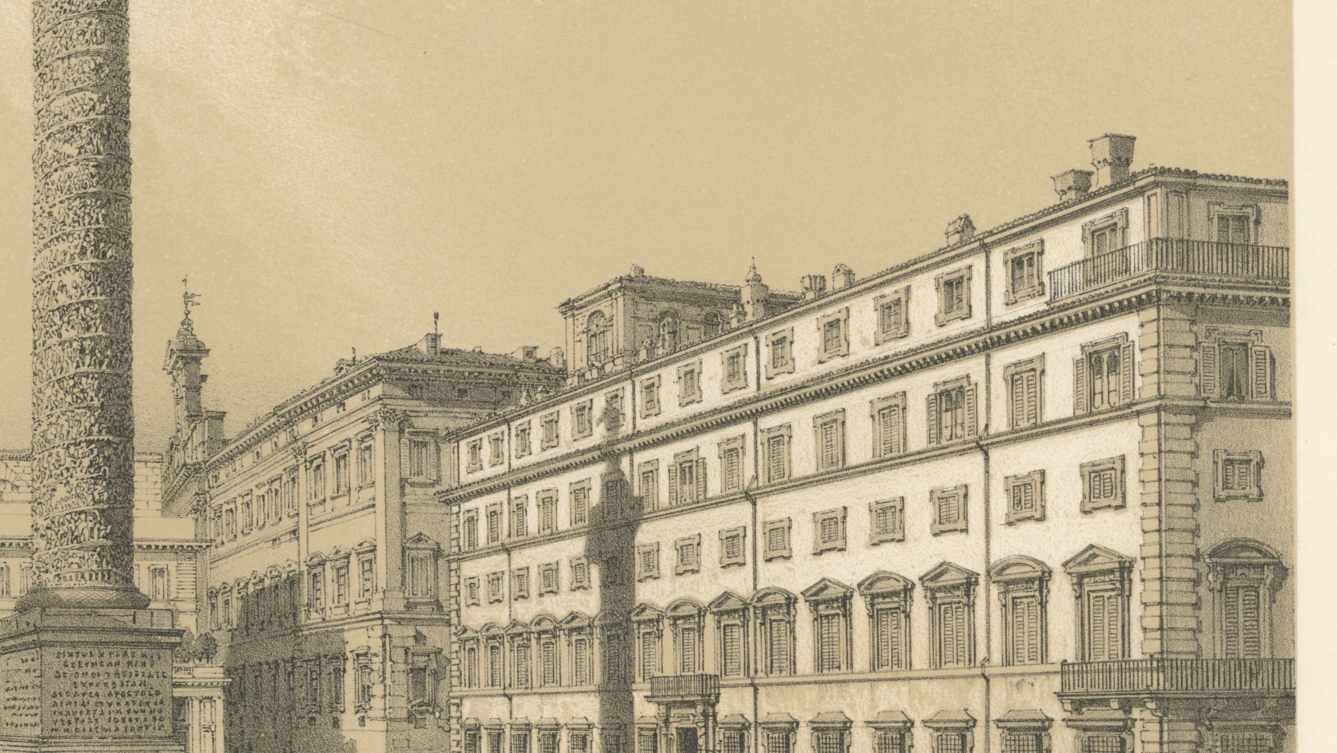 Piazza Colonna and Column of Marcus Aurelius, Rome – Benoist 1869 Lithograph