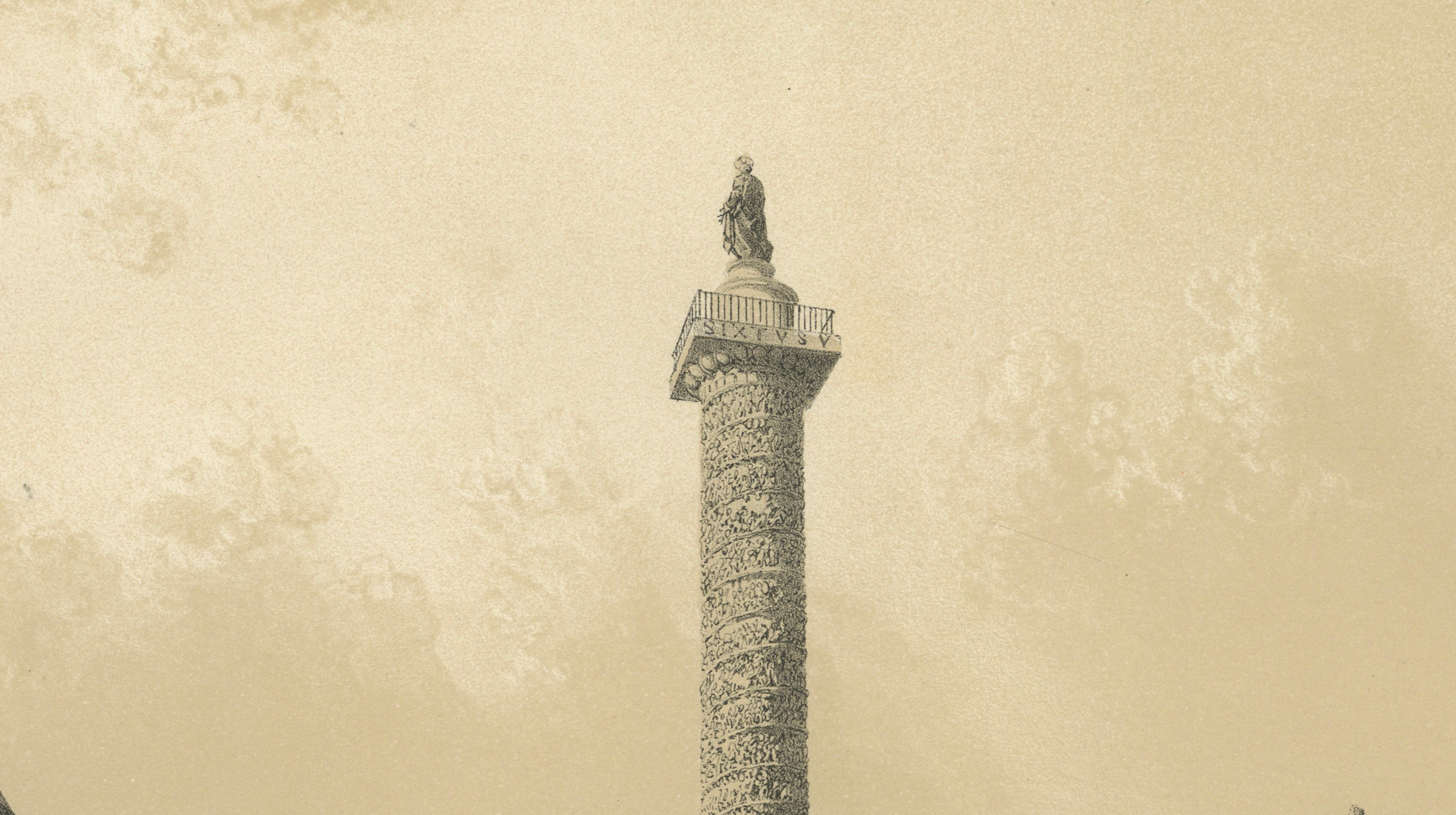 Piazza Colonna and Column of Marcus Aurelius, Rome – Benoist 1869 Lithograph