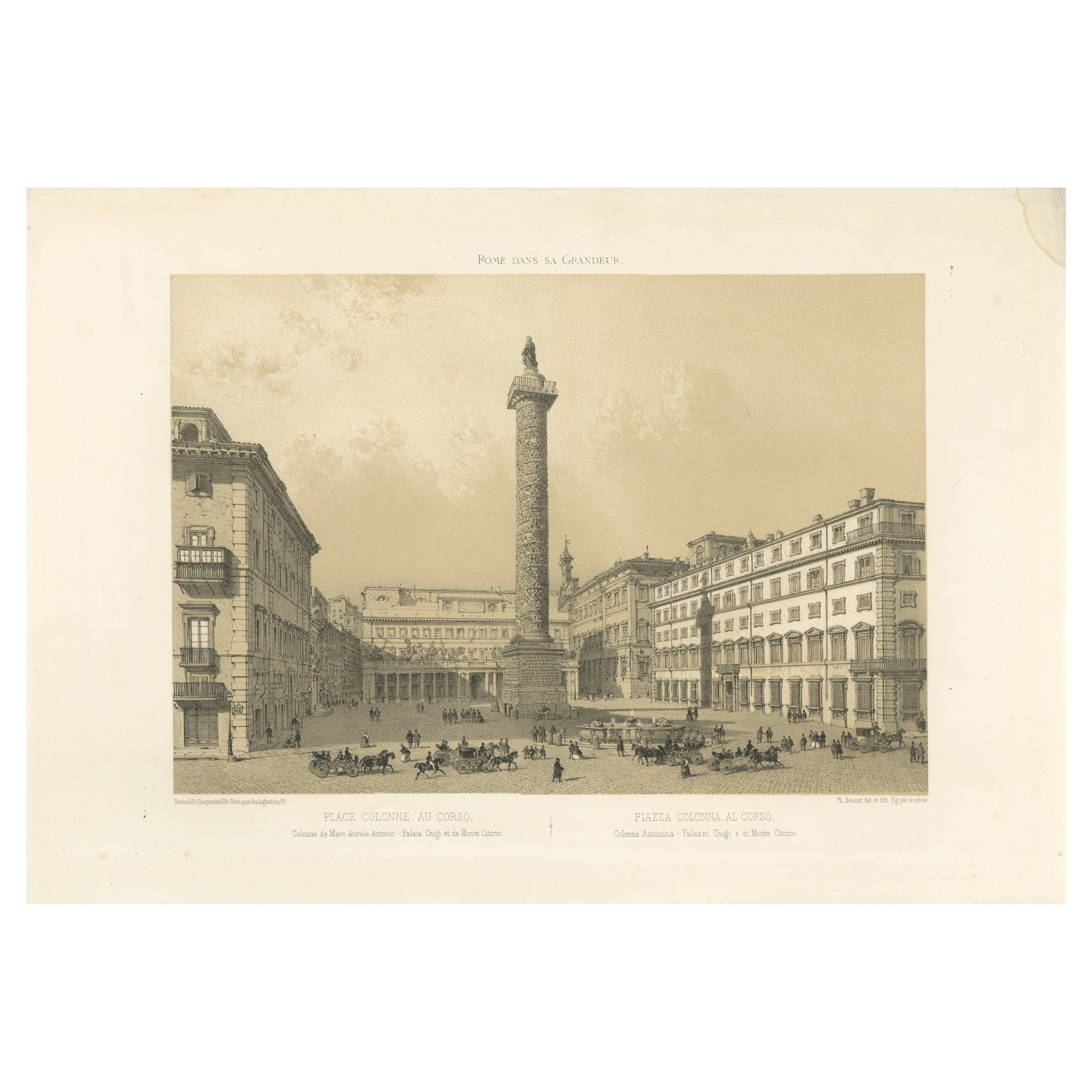 Piazza Colonna and Column of Marcus Aurelius, Rome – Benoist 1869 Lithograph For Sale
