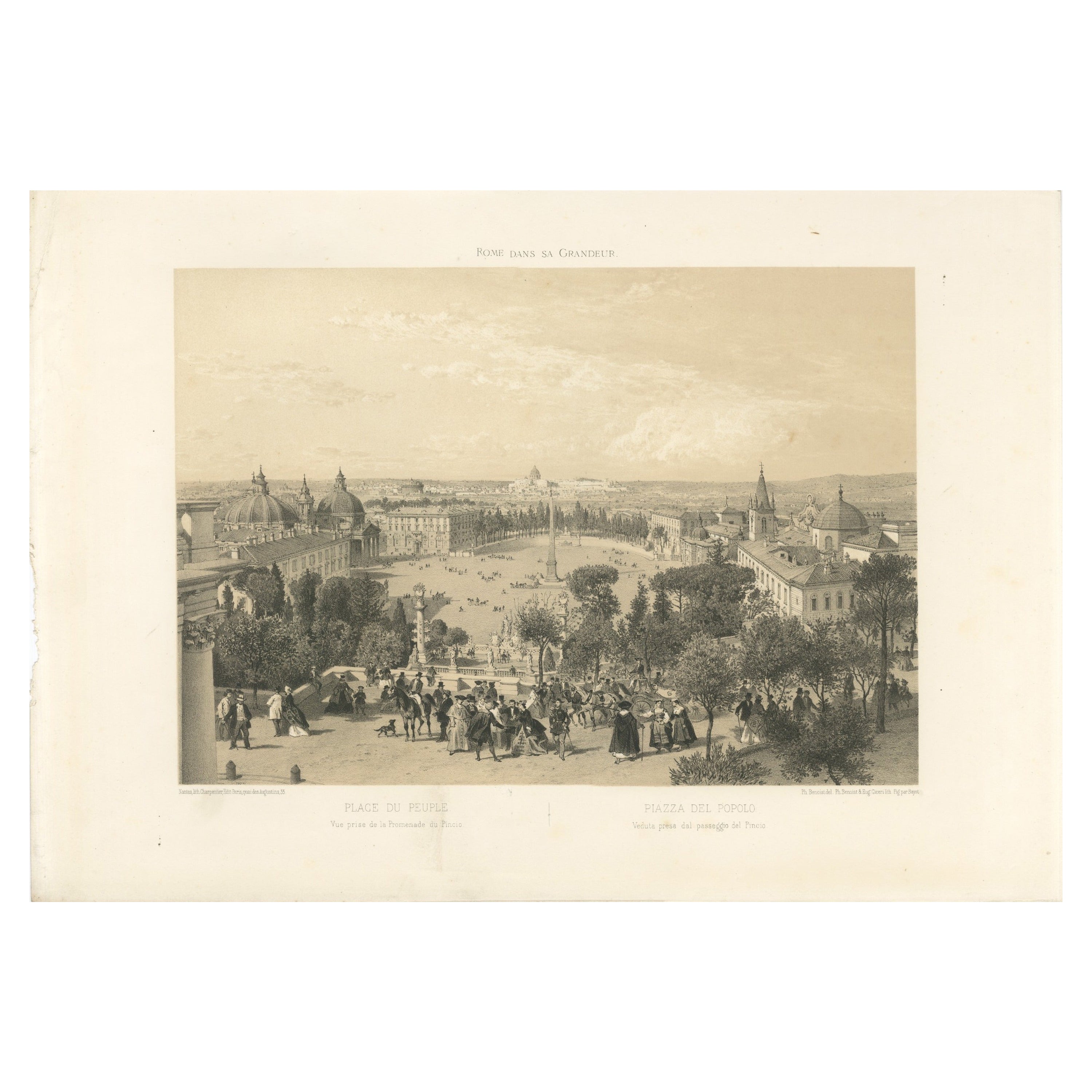 Piazza del Popolo from the Pincian Hill, Rome – Benoist 1869 Lithograph