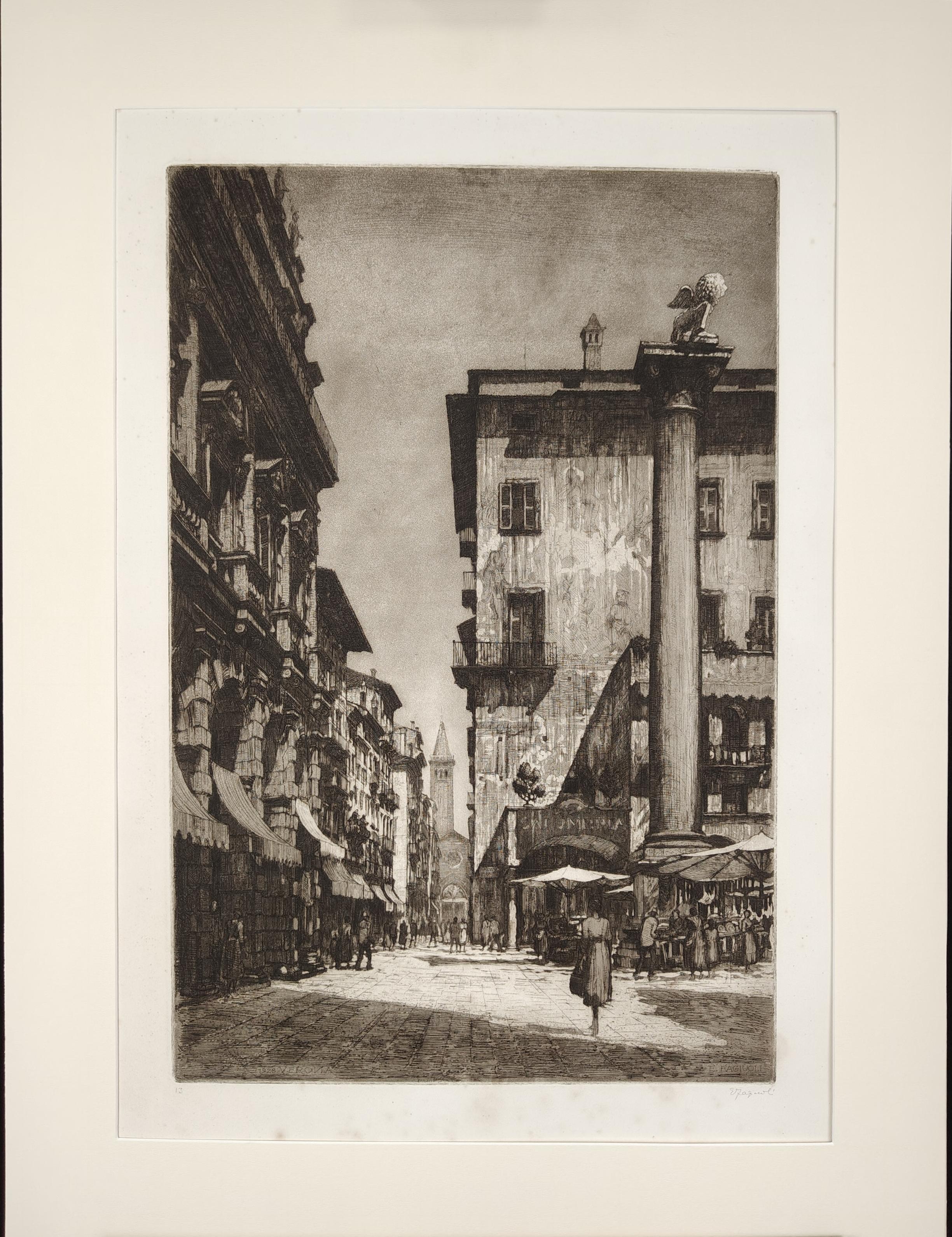 Grabado de Ettore Fagiuoli que representa la Piazza delle Erbe en Verona.
Ettore Fagiuoli, nacido en 1884 y fallecido en Verona en 1961, fue un arquitecto, grabador y escenógrafo italiano famoso por sus óperas en Verona y su provincia, así como por