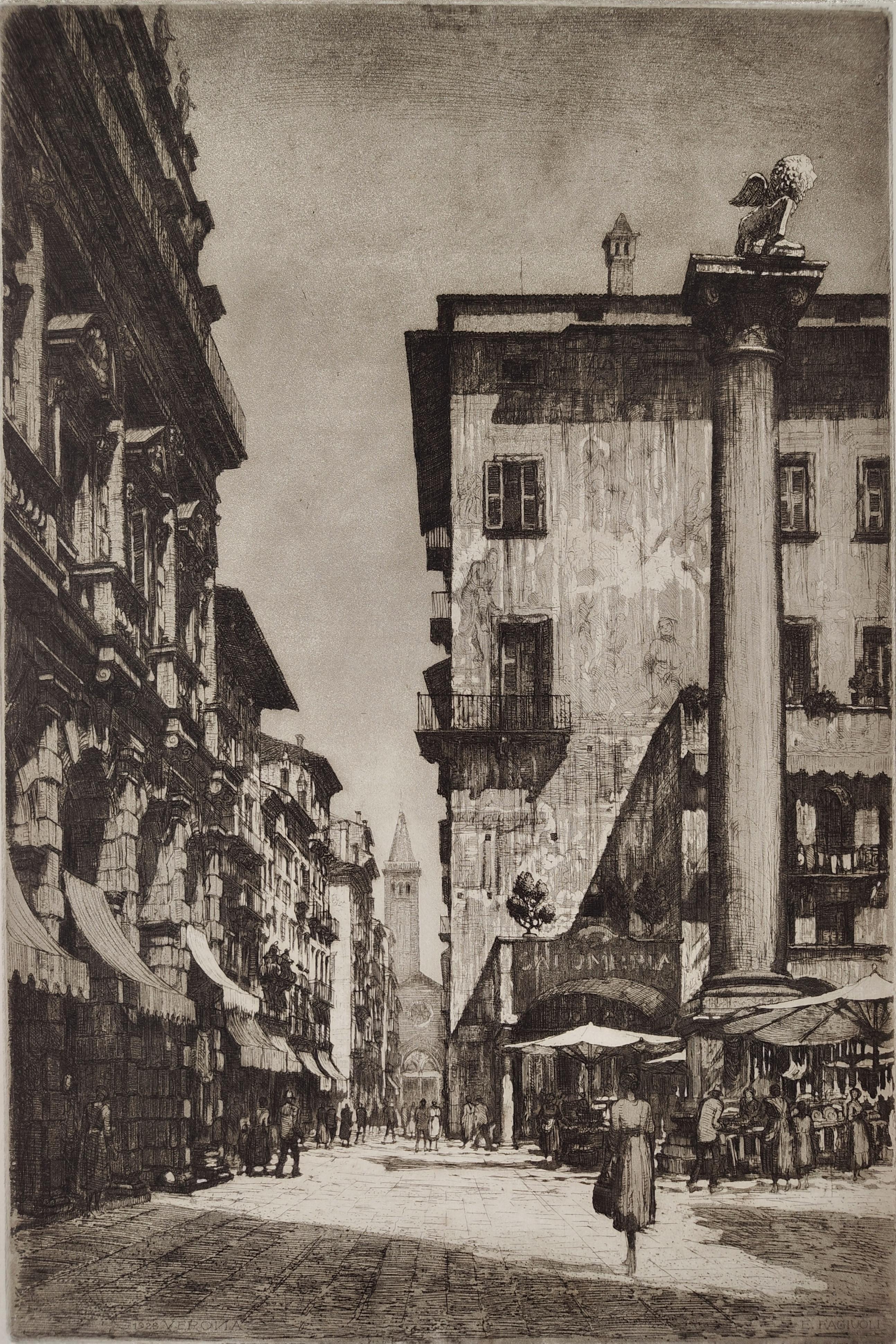 Aguafuerte Piazza delle Erbe en Verona 1928 por Ettore Fagiuoli Otro en venta