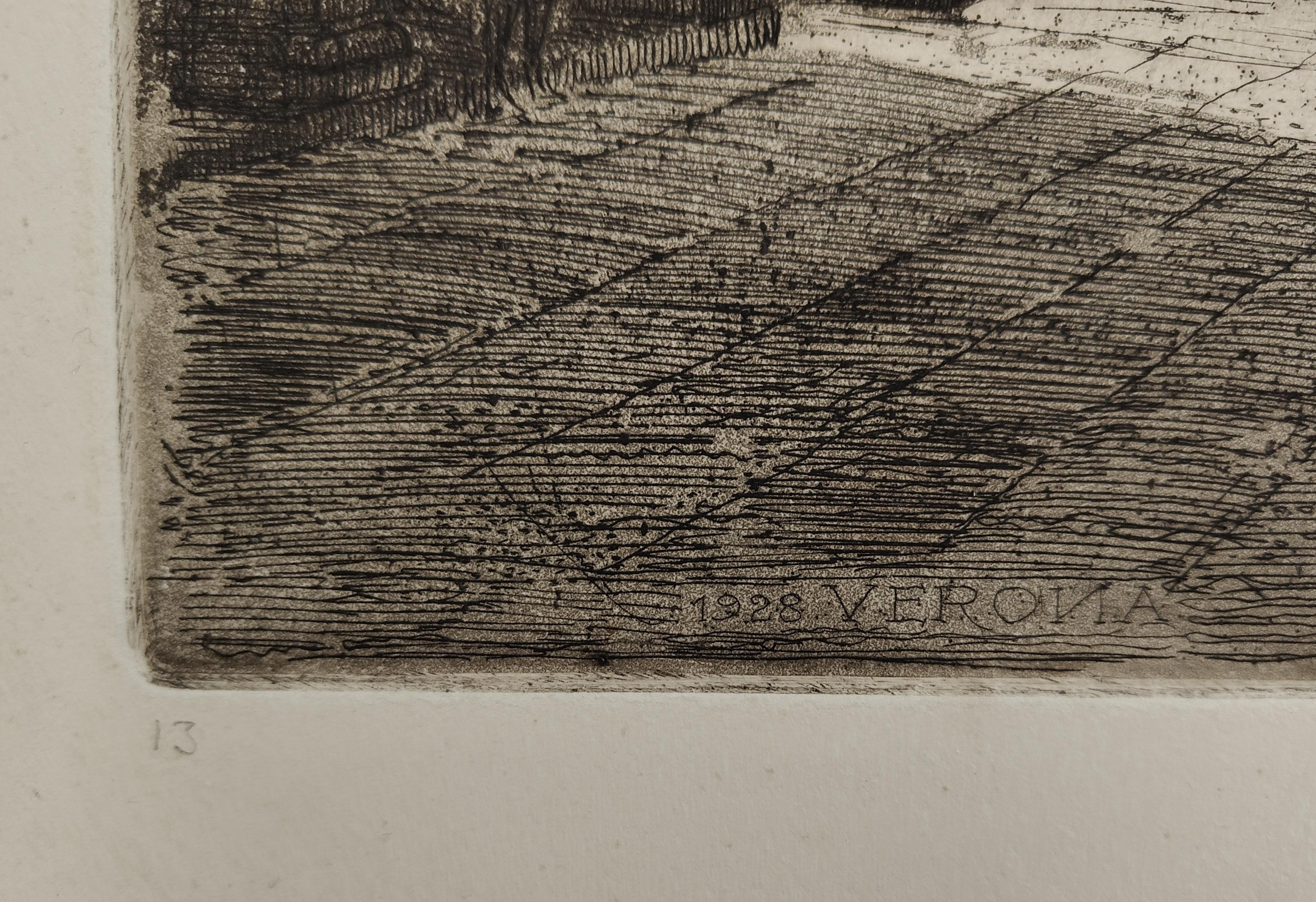Aguafuerte Piazza delle Erbe en Verona 1928 por Ettore Fagiuoli Italian en venta
