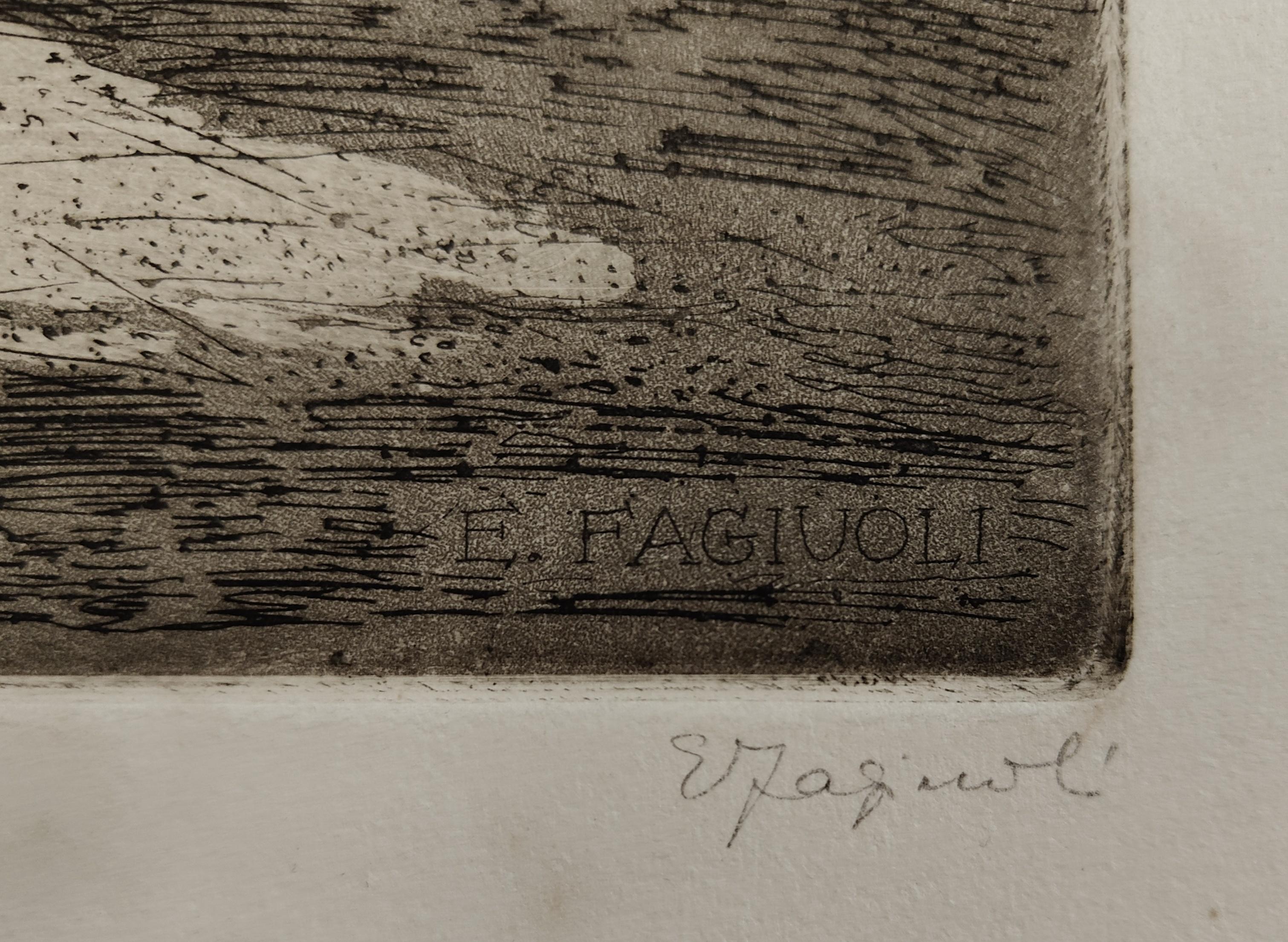 Aguafuerte Piazza delle Erbe en Verona 1928 por Ettore Fagiuoli Grabado en venta