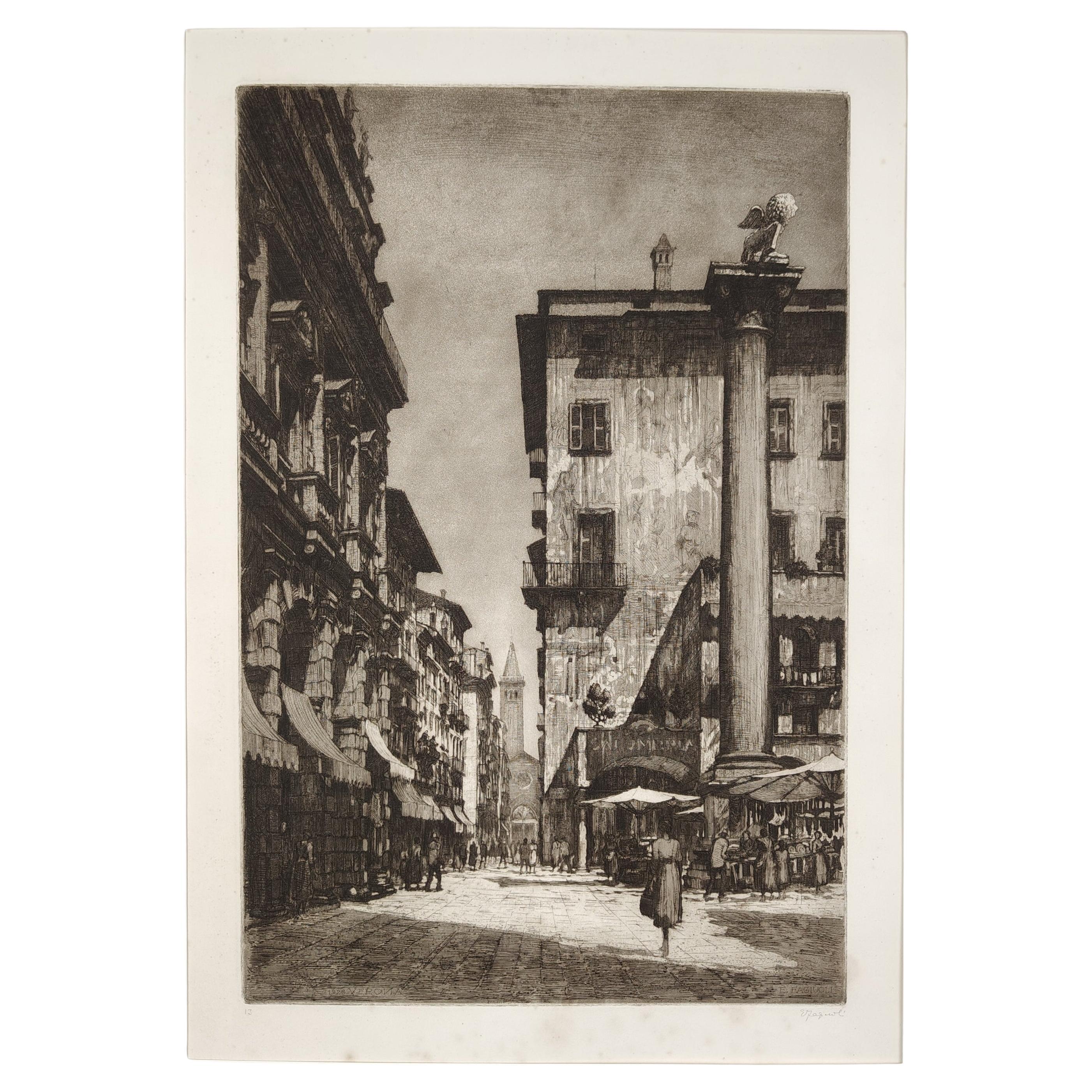Aguafuerte Piazza delle Erbe en Verona 1928 por Ettore Fagiuoli en venta