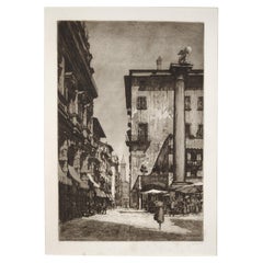 Aguafuerte Piazza delle Erbe en Verona 1928 por Ettore Fagiuoli