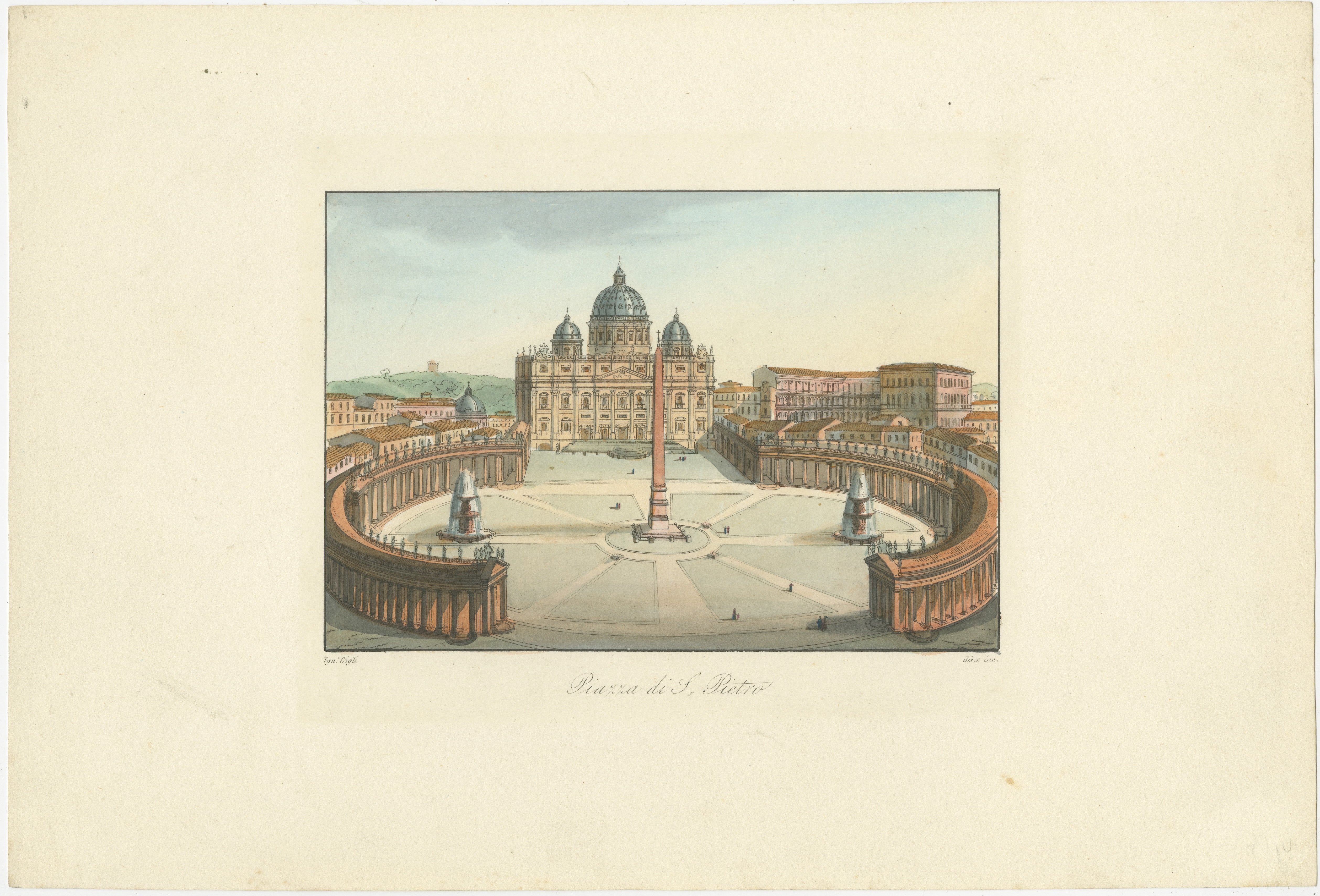 Piazza di S. Pietro - Antike handkolorierte Ansicht des Petersplatzes (um 1840)

Dieser elegante, handkolorierte Kupferstich aus dem 19. Jahrhundert zeigt ein umfassendes Panorama des Petersplatzes im Vatikan mit den von Bernini entworfenen